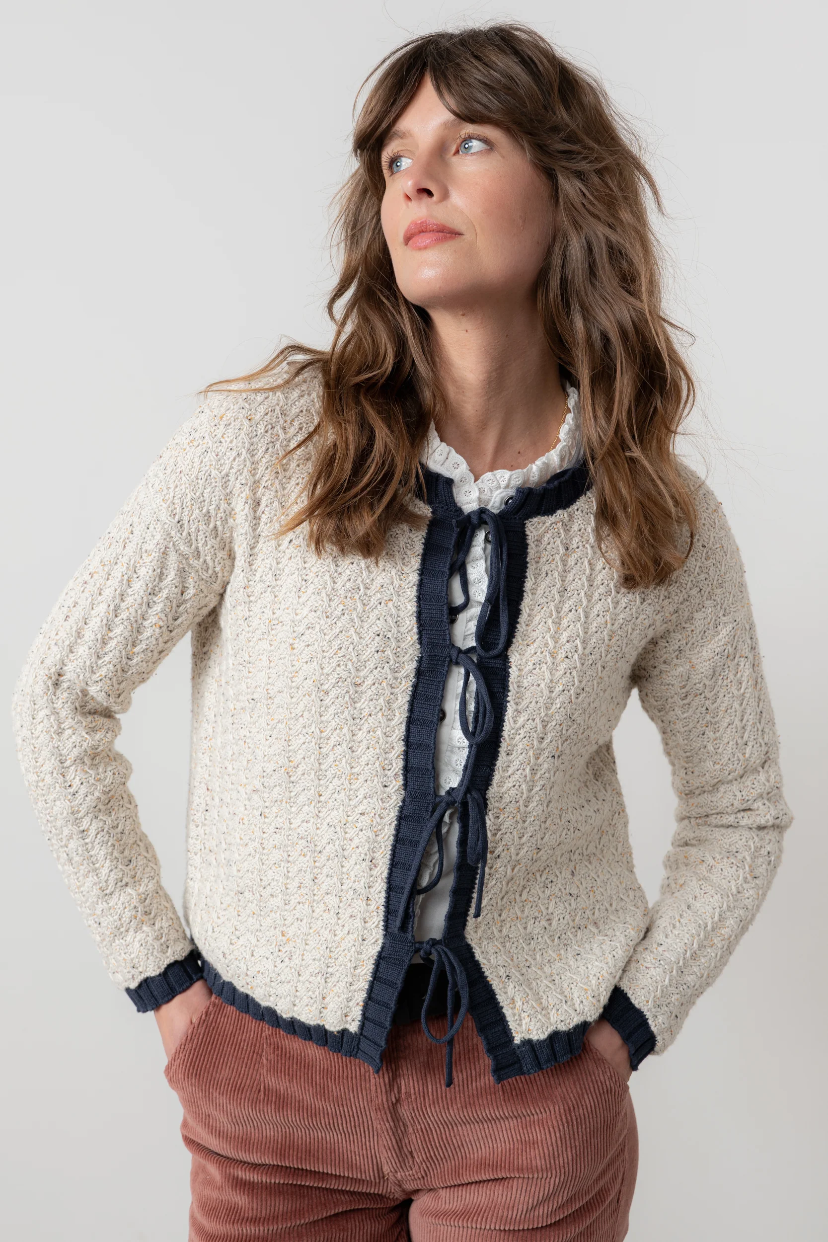 Adelia Tie Front Cardigan Ecru/ Navy - Image 3