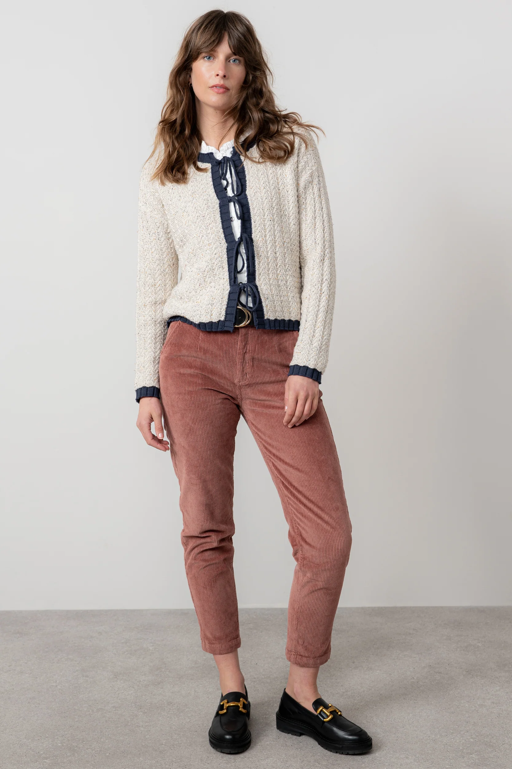 Adelia Tie Front Cardigan Ecru/ Navy - Image 4