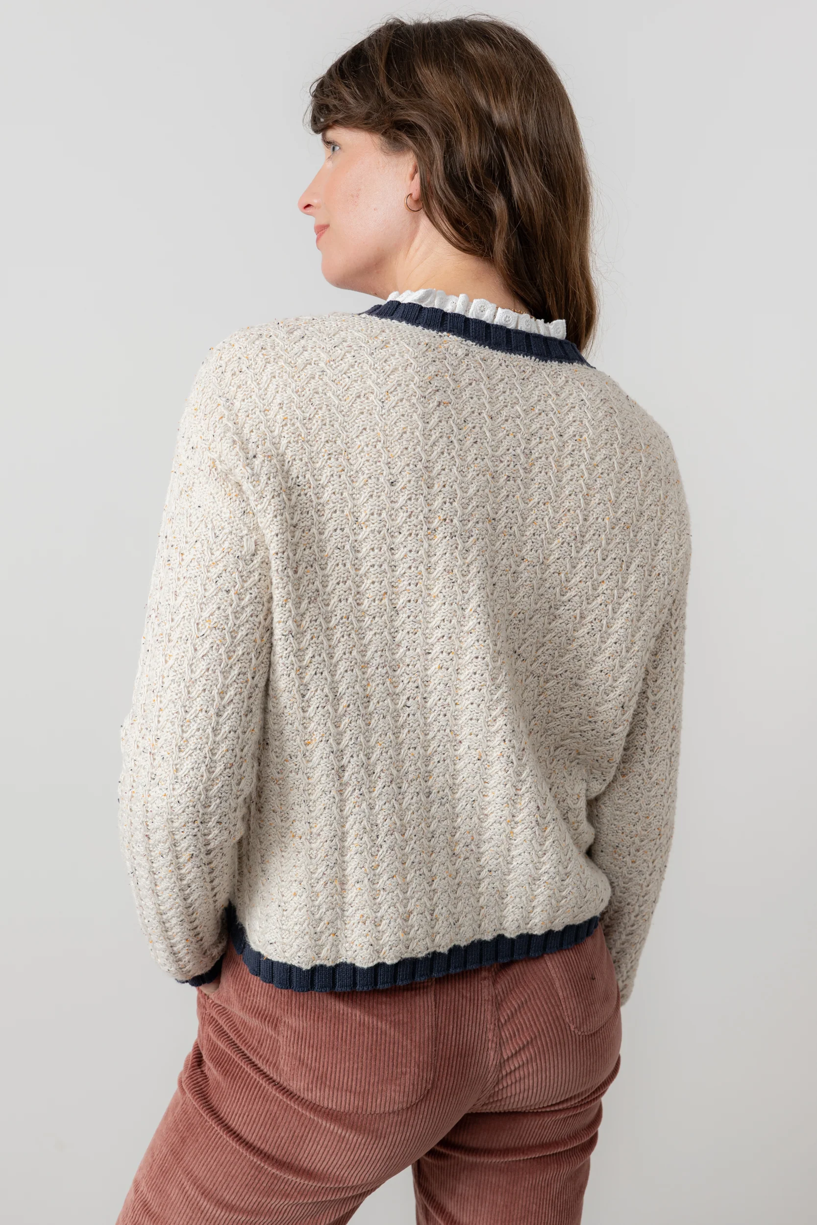 Adelia Tie Front Cardigan Ecru/ Navy - Image 5