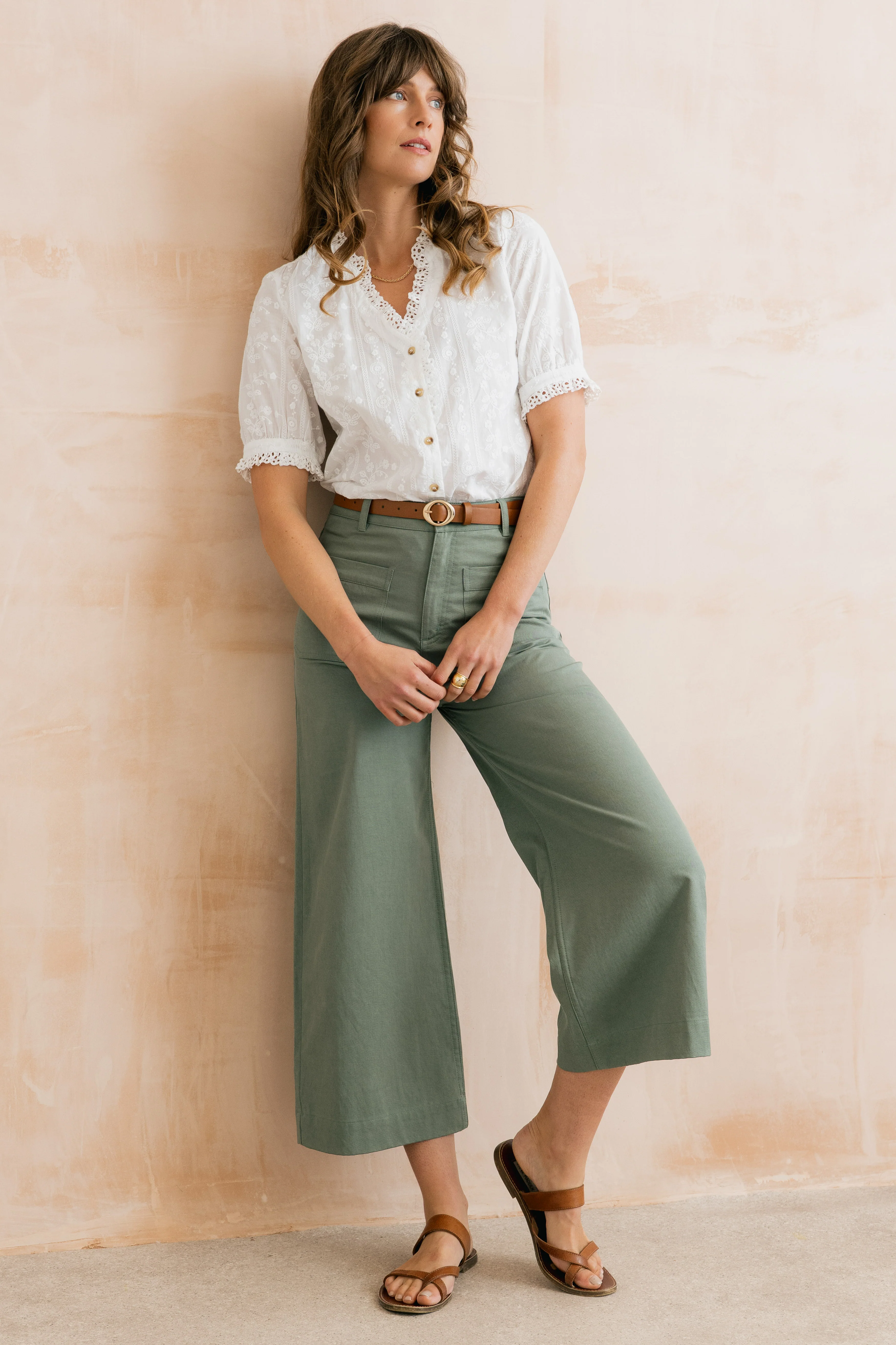 Amelia Cropped Wide Leg Trousers Laurel Green - Image 6