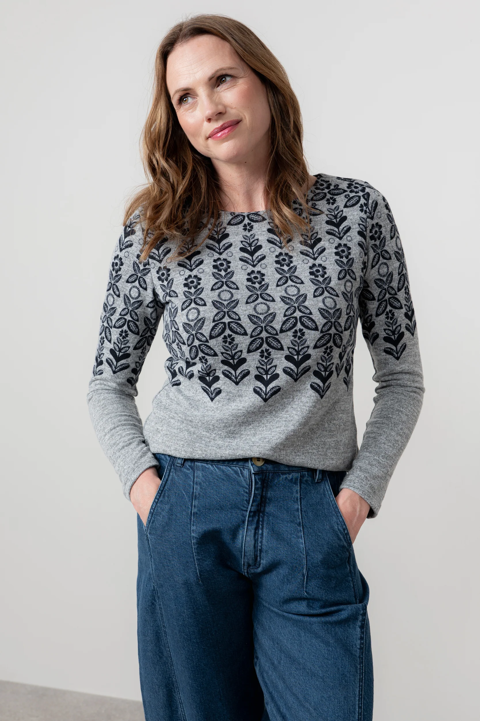 Angela Fair Isle Print Knit Top Grey - Image 3