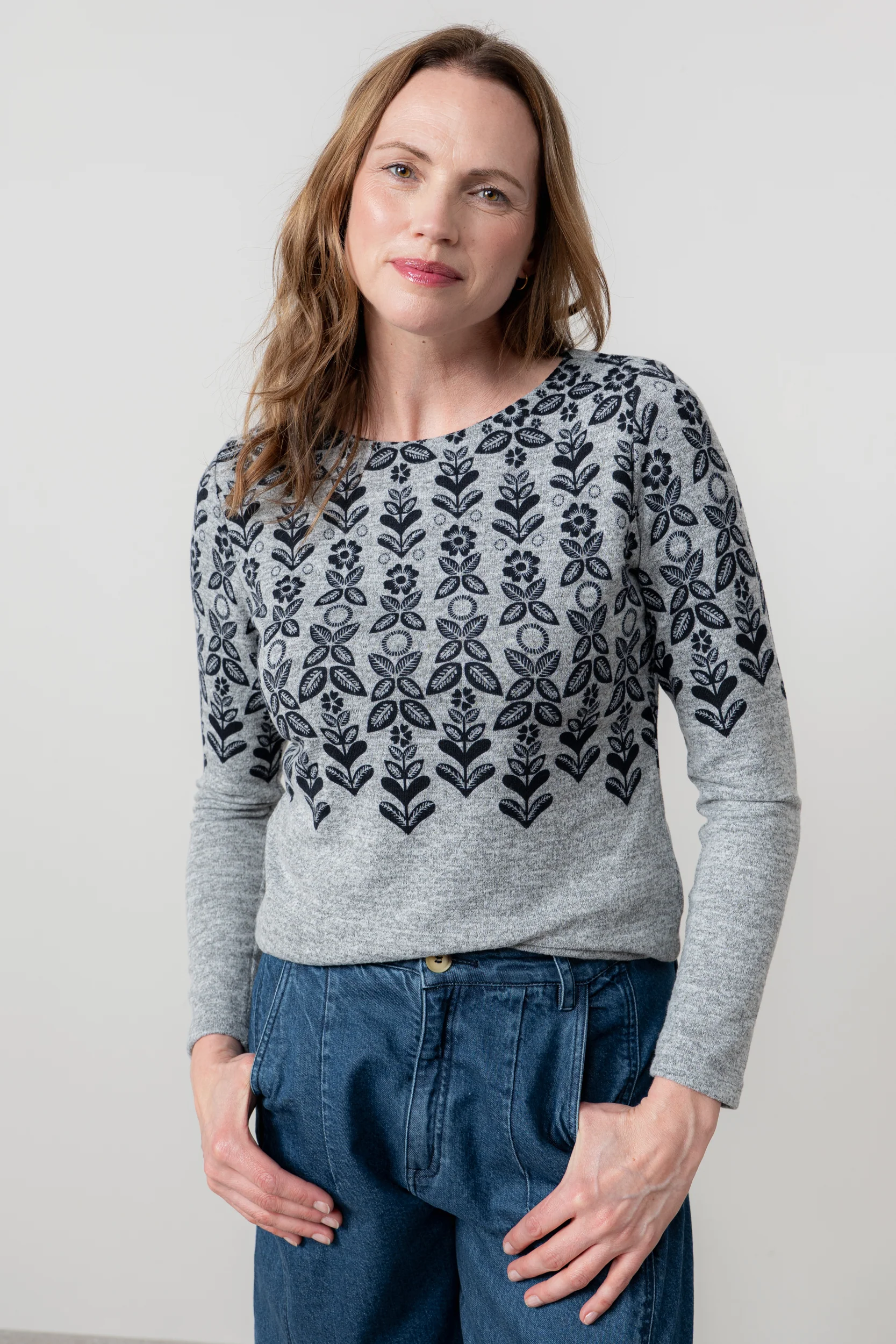 Angela Fair Isle Print Knit Top Grey - Image 5