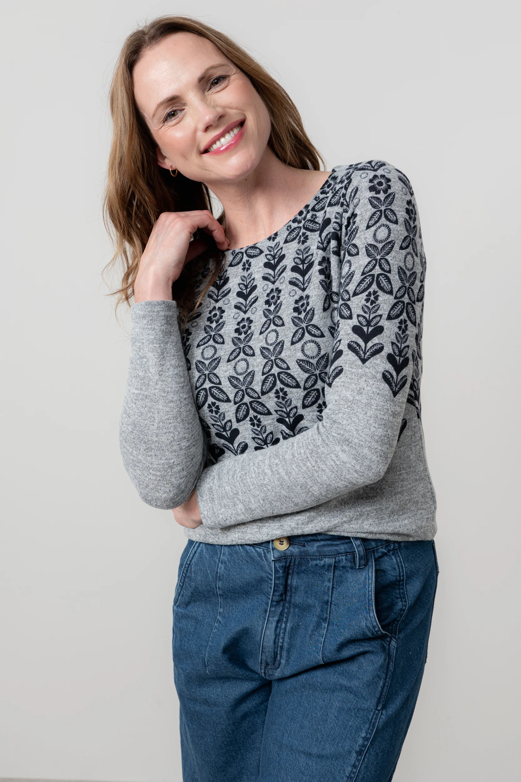 Angela Fair Isle Print Knit Top Grey - Image 6