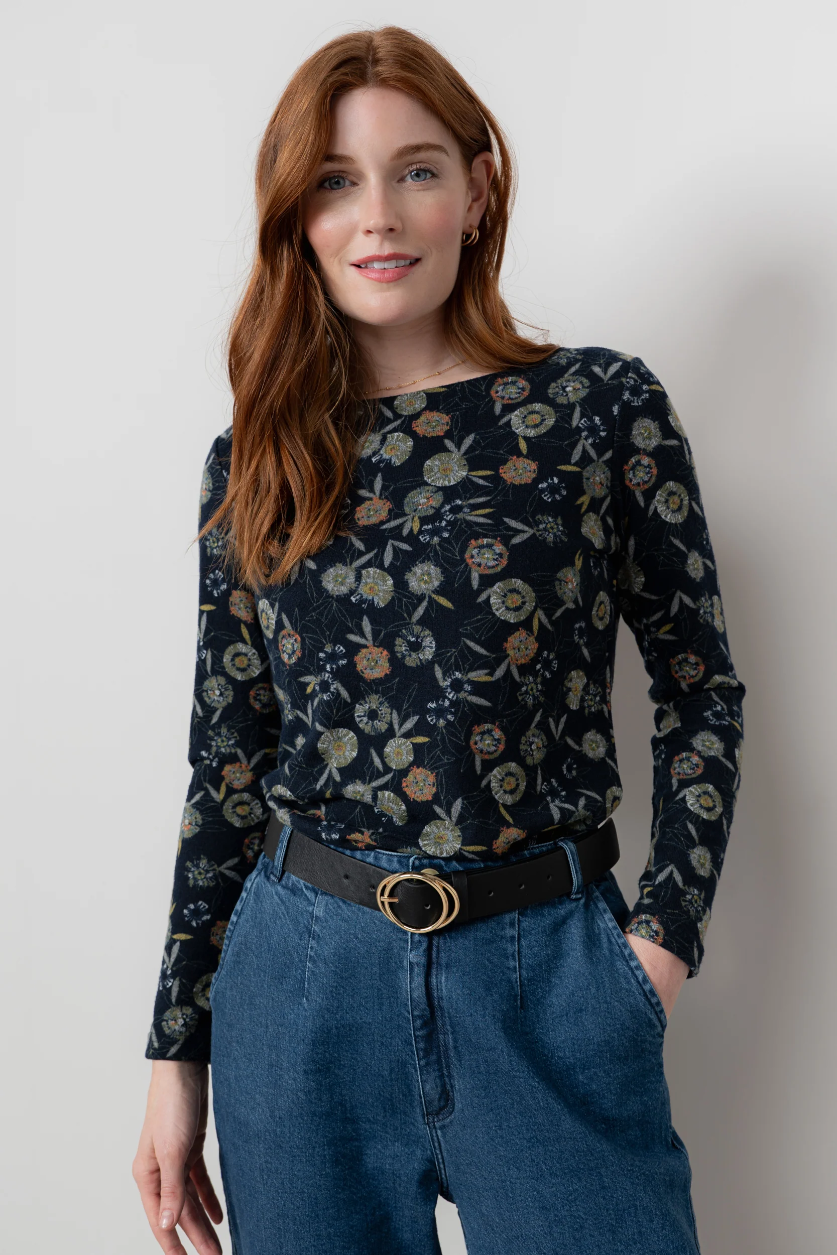 Angela Floral Print Knit Top Navy - Image 3
