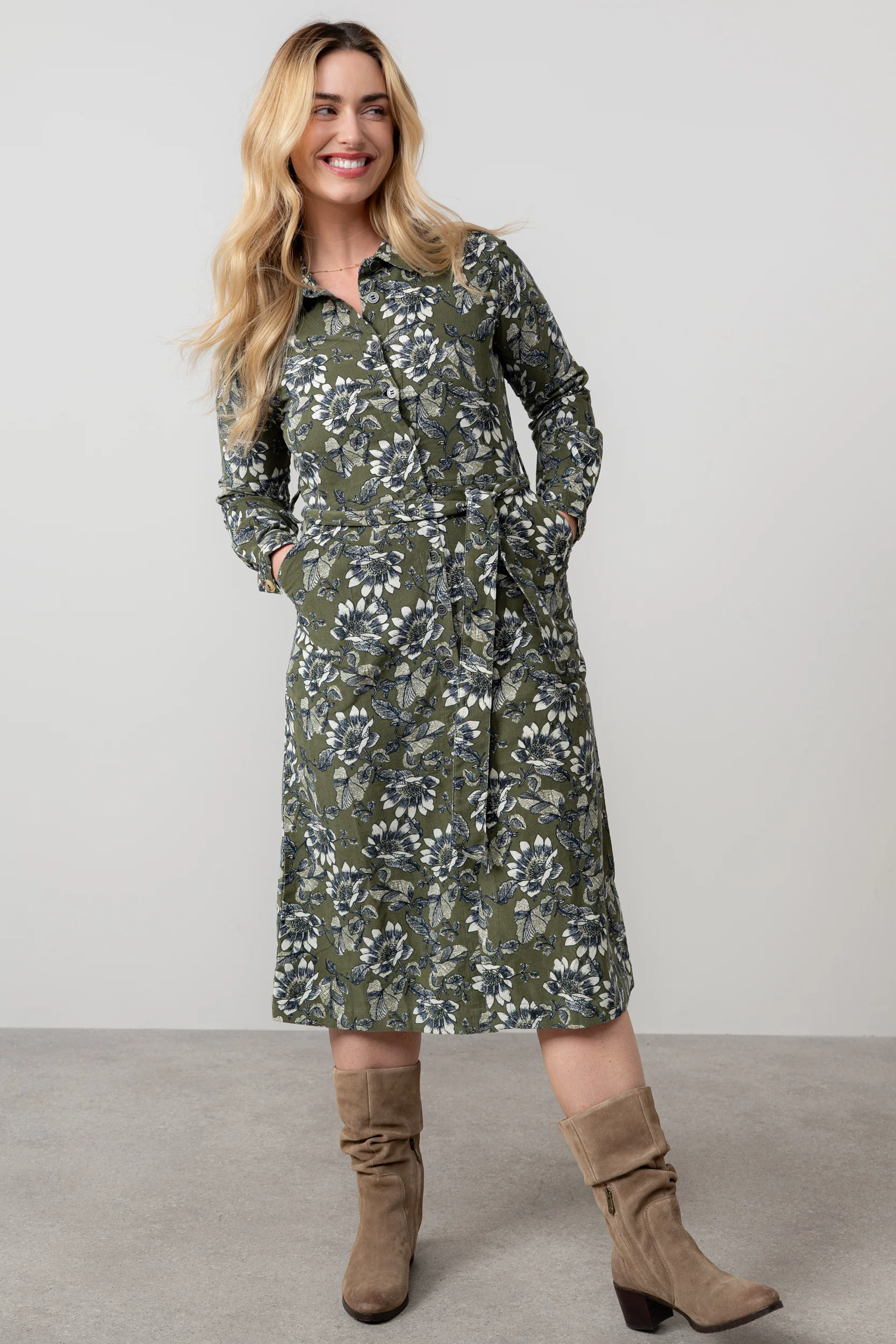 Anya Cotton Pincord Midi Shirt Dress Moss - Image 5