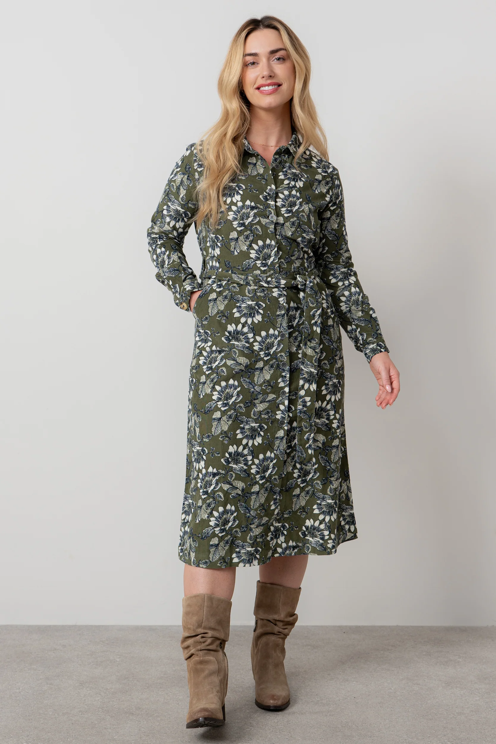 Anya Cotton Pincord Midi Shirt Dress Moss - Image 6