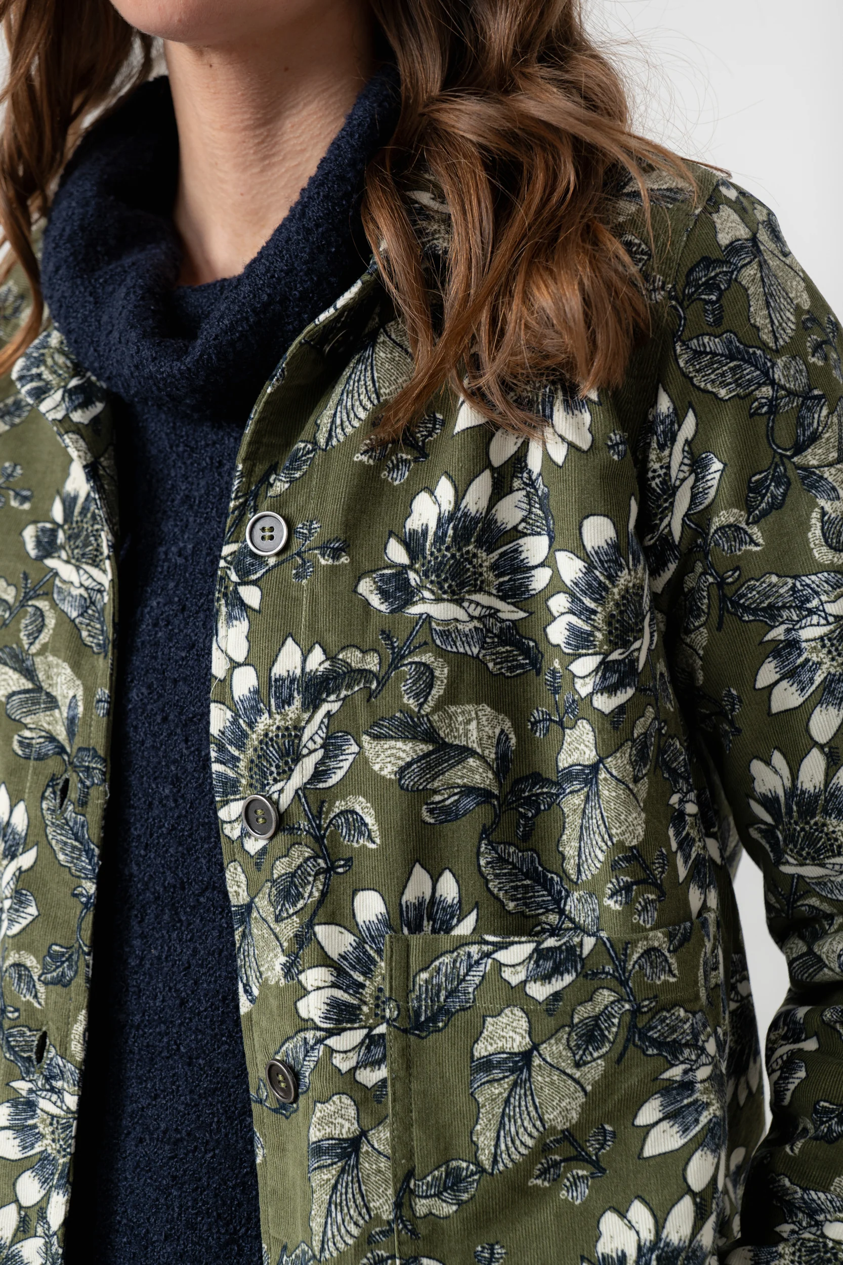 Ash Cotton Cord Floral Print Jacket Moss - Image 3