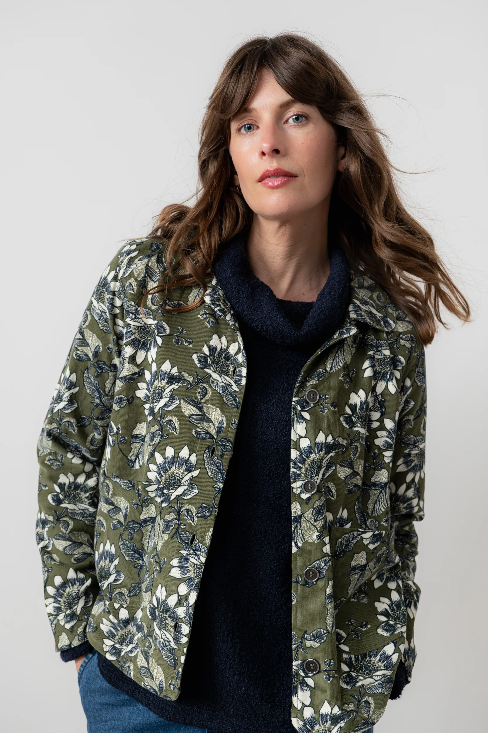 Ash Cotton Cord Floral Print Jacket Moss - Image 7