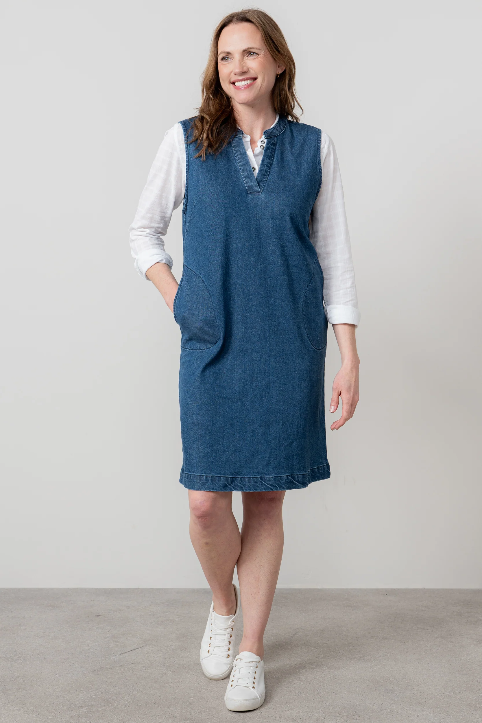 Belle Knee Length Denim Pinafore Dress Blue - Image 3