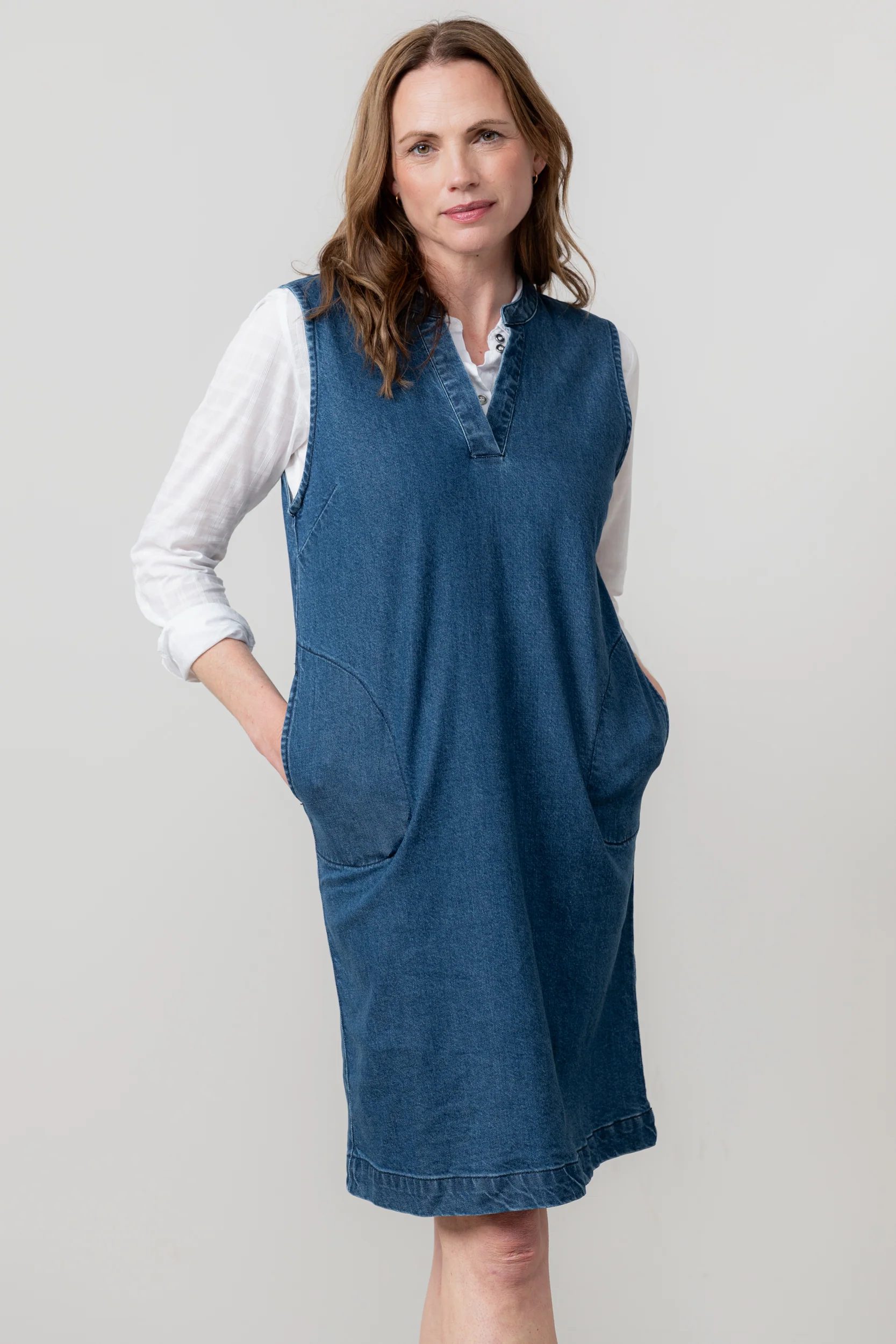 Belle Knee Length Denim Pinafore Dress Blue - Image 5