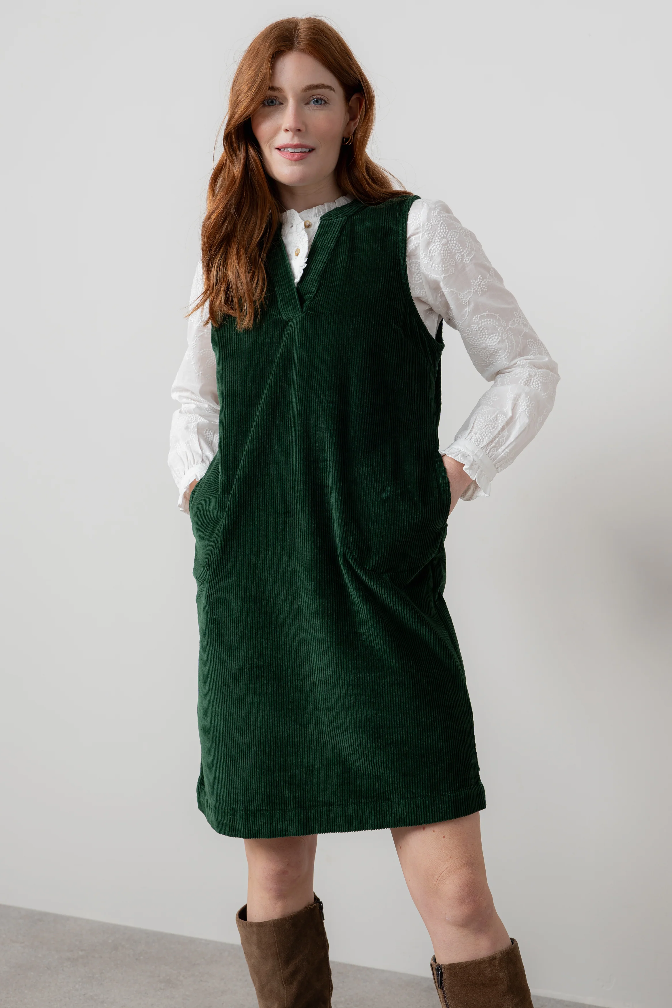 Belle Stretch Cotton Jumbo Cord Dress Pine Green - Image 2