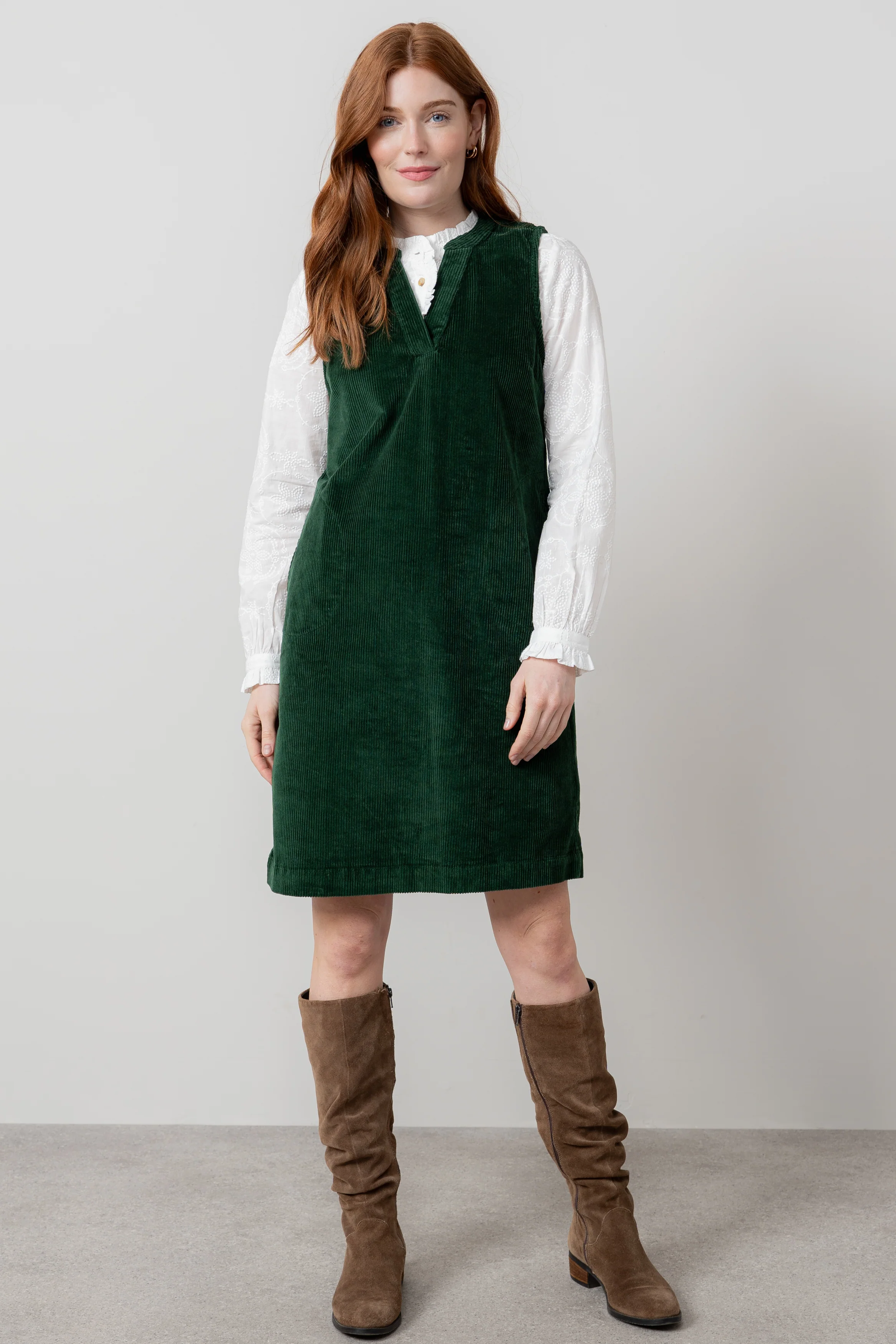 Belle Stretch Cotton Jumbo Cord Dress Pine Green - Image 3