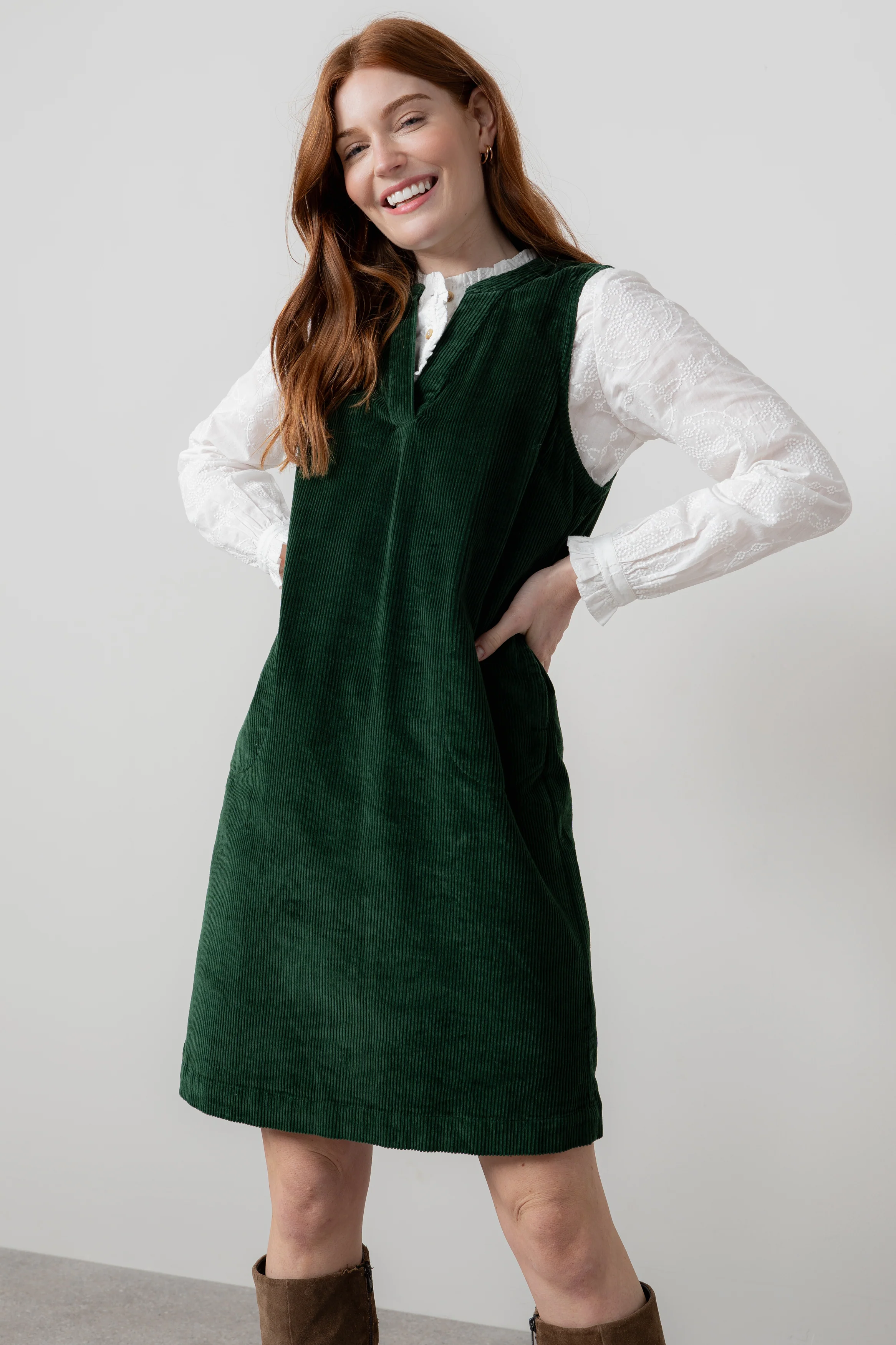 Belle Stretch Cotton Jumbo Cord Dress Pine Green - Image 6