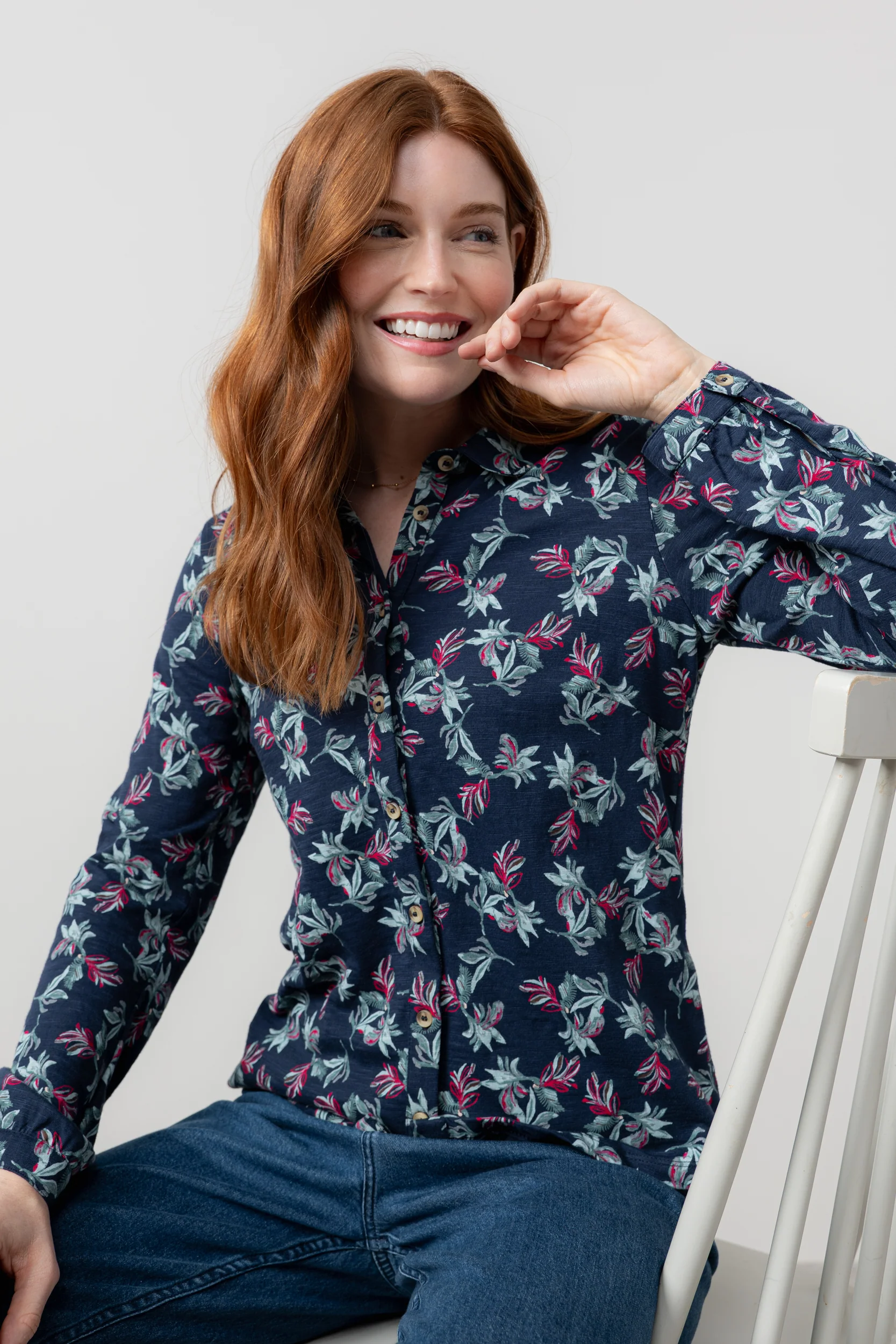 Bowbridge Printed Cotton Jersey Shirt Navy