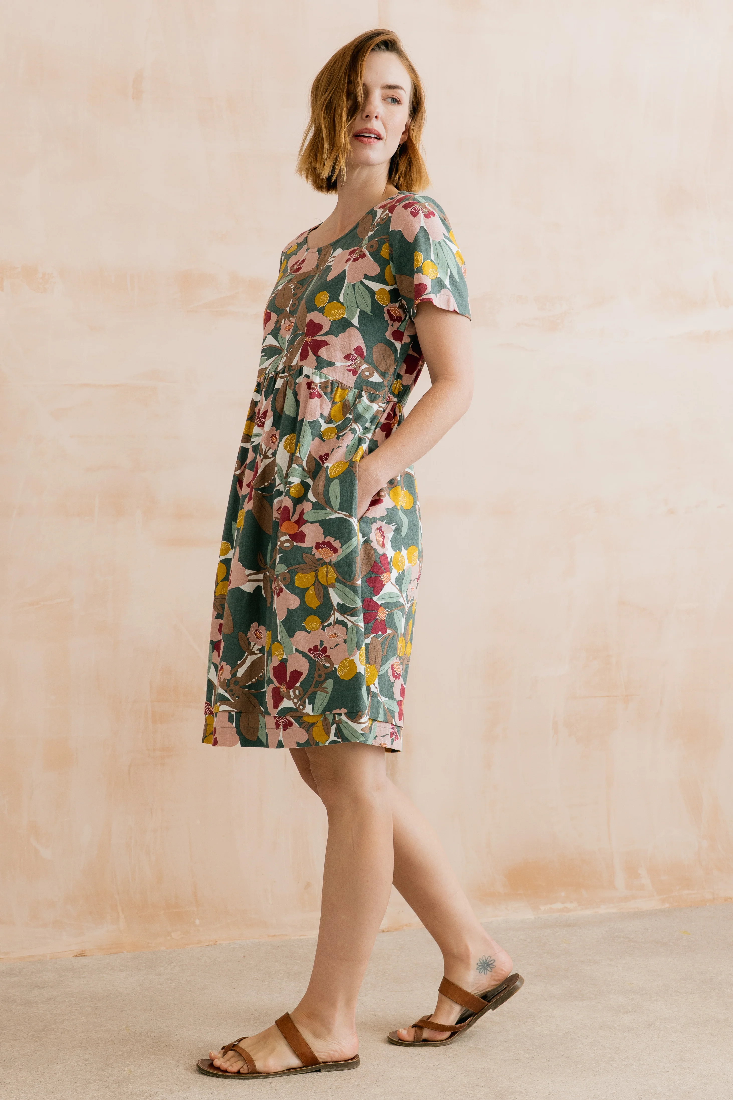 Carnival Linen Blend Printed Dress Laurel Green - Image 3
