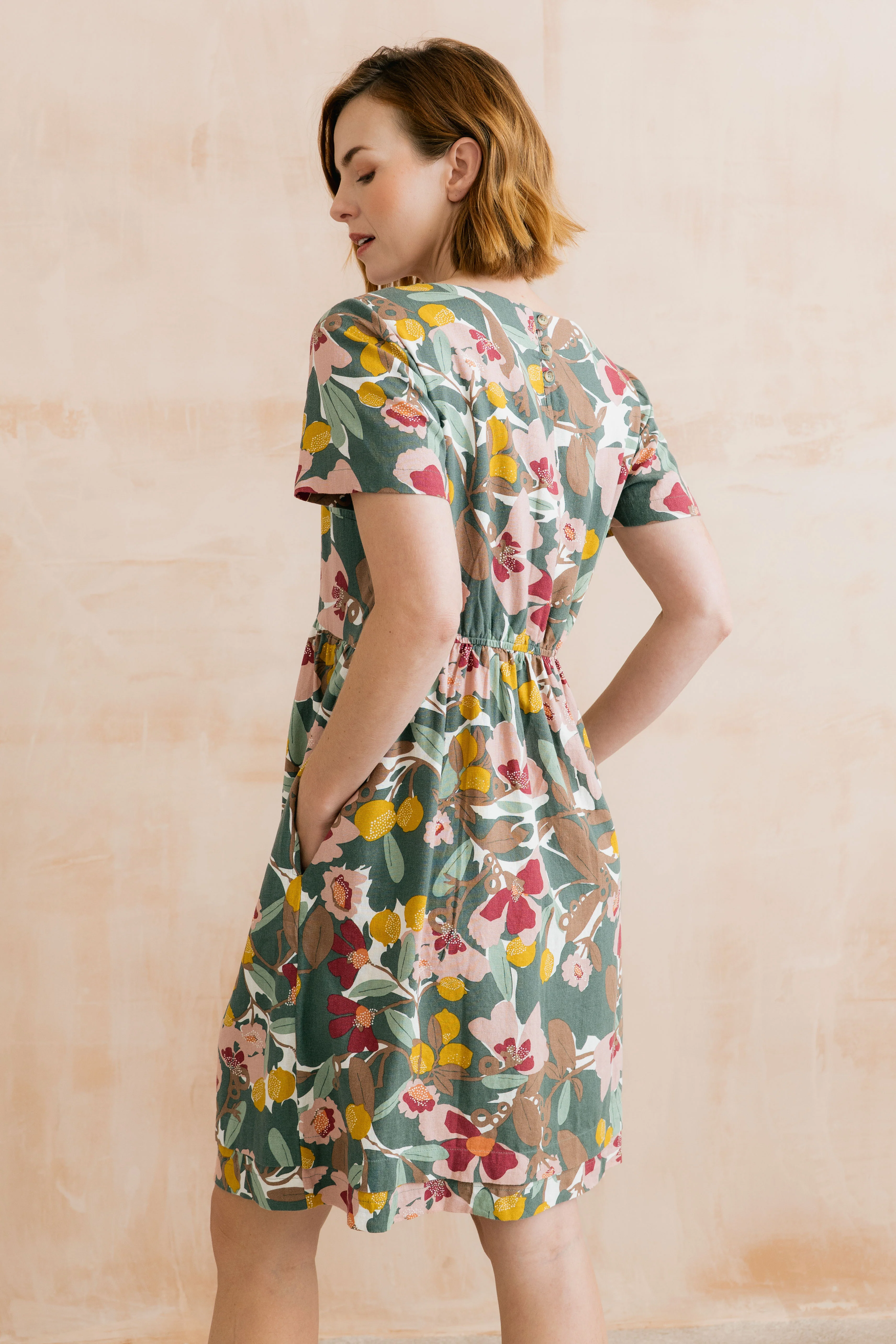 Carnival Linen Blend Printed Dress Laurel Green - Image 4