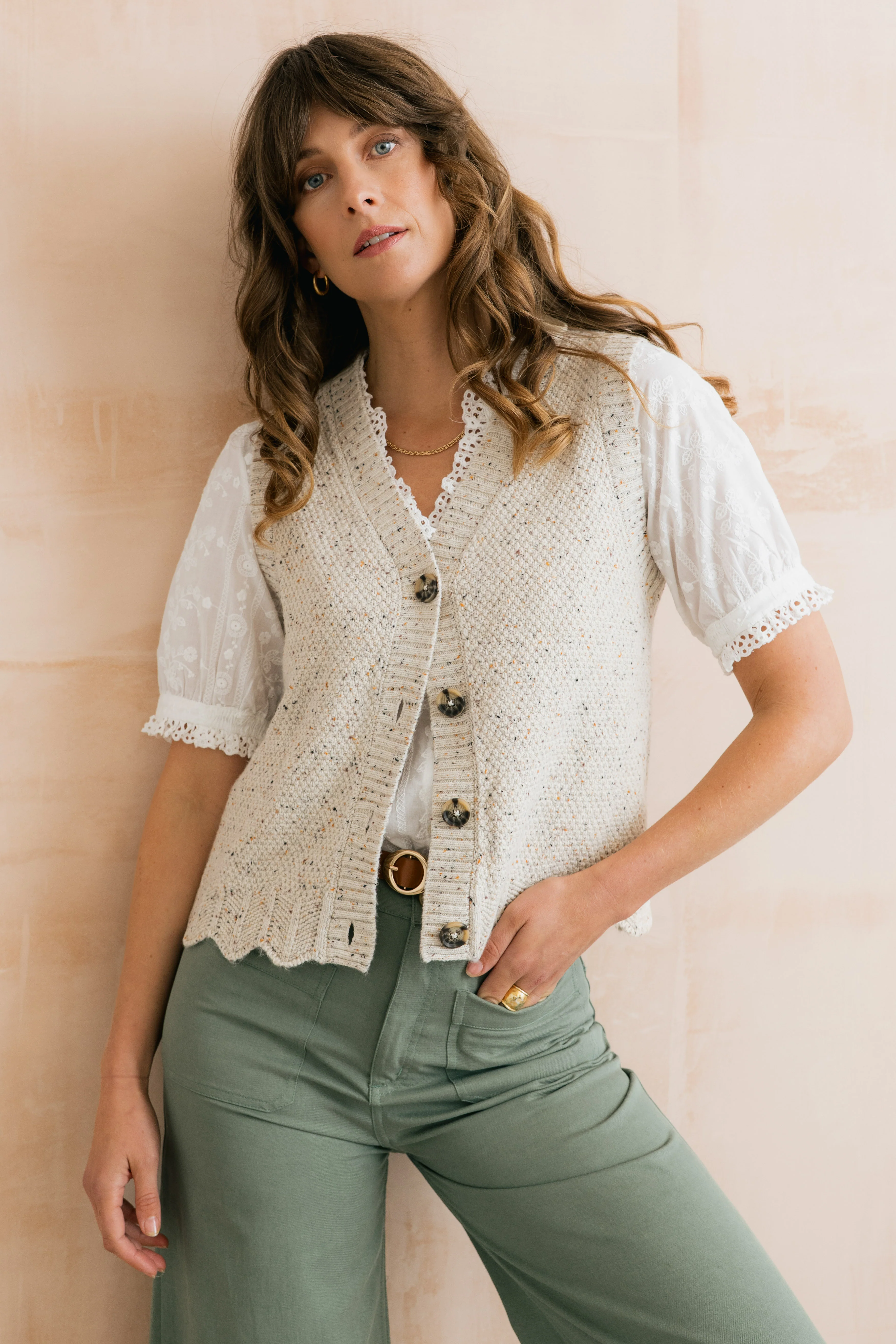 Celandine Flecked Knit Sleeveless Waistcoat Ecru - Image 3