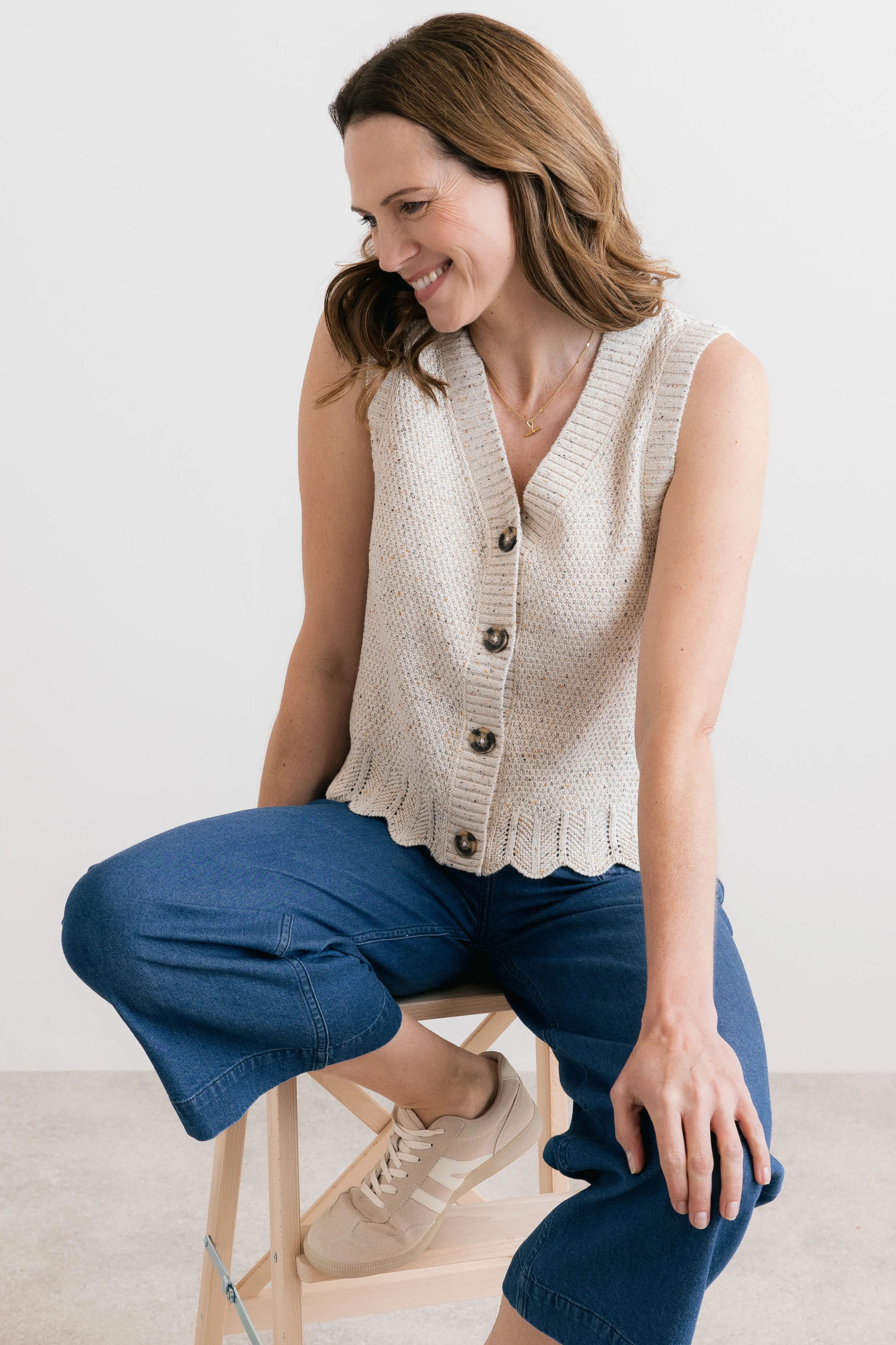Celandine Flecked Knit Sleeveless Waistcoat Ecru - Image 5