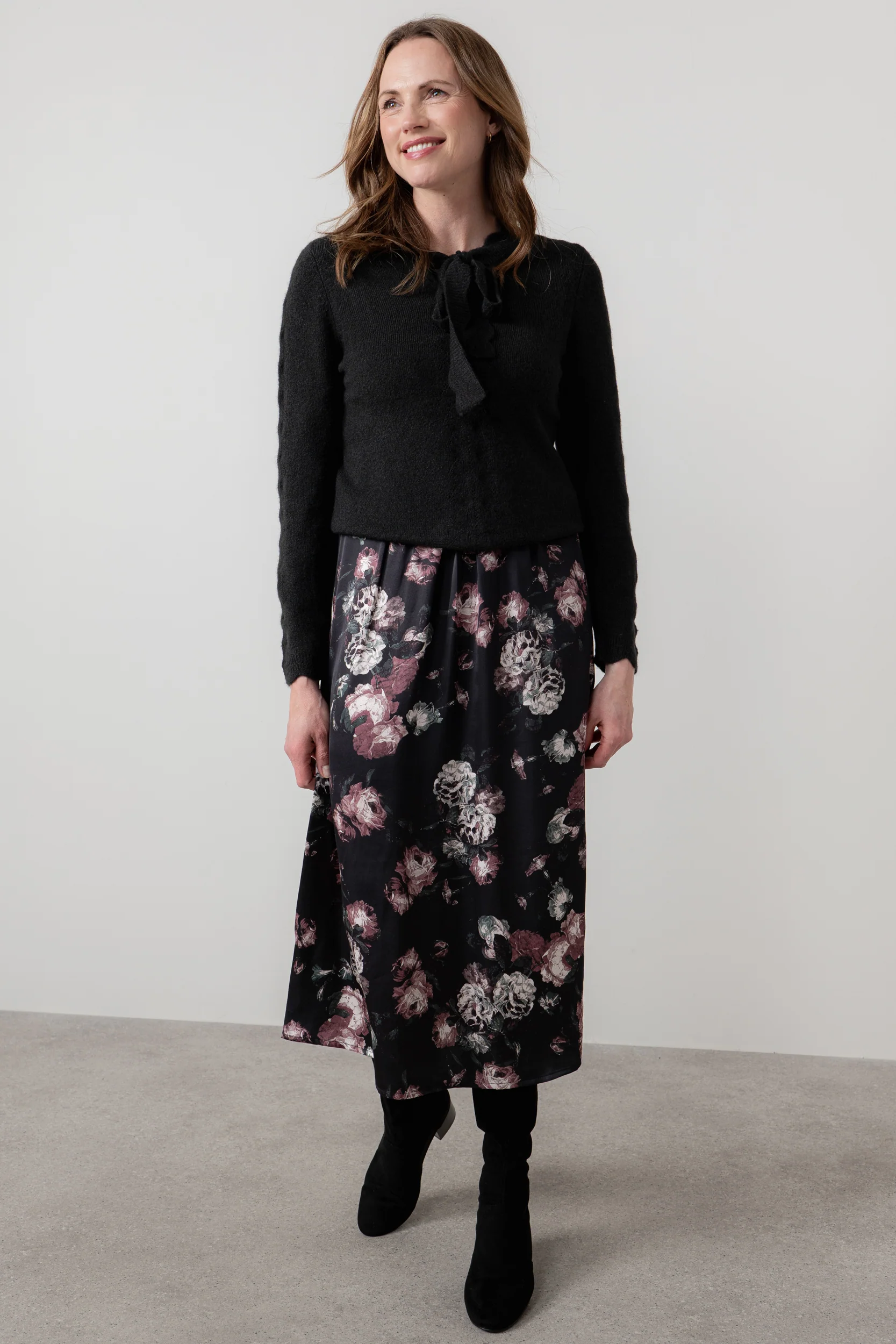 Celia Floral Print Satin Midi Dress Black - Image 3