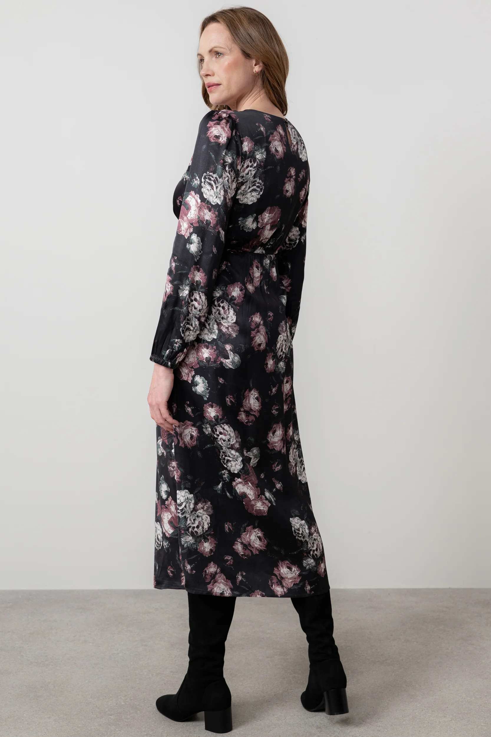 Celia Floral Print Satin Midi Dress Black - Image 4