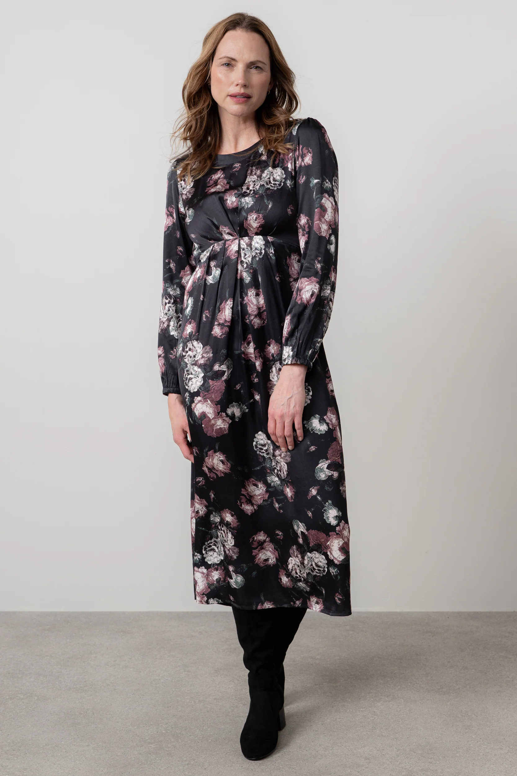 Celia Floral Print Satin Midi Dress Black - Image 5