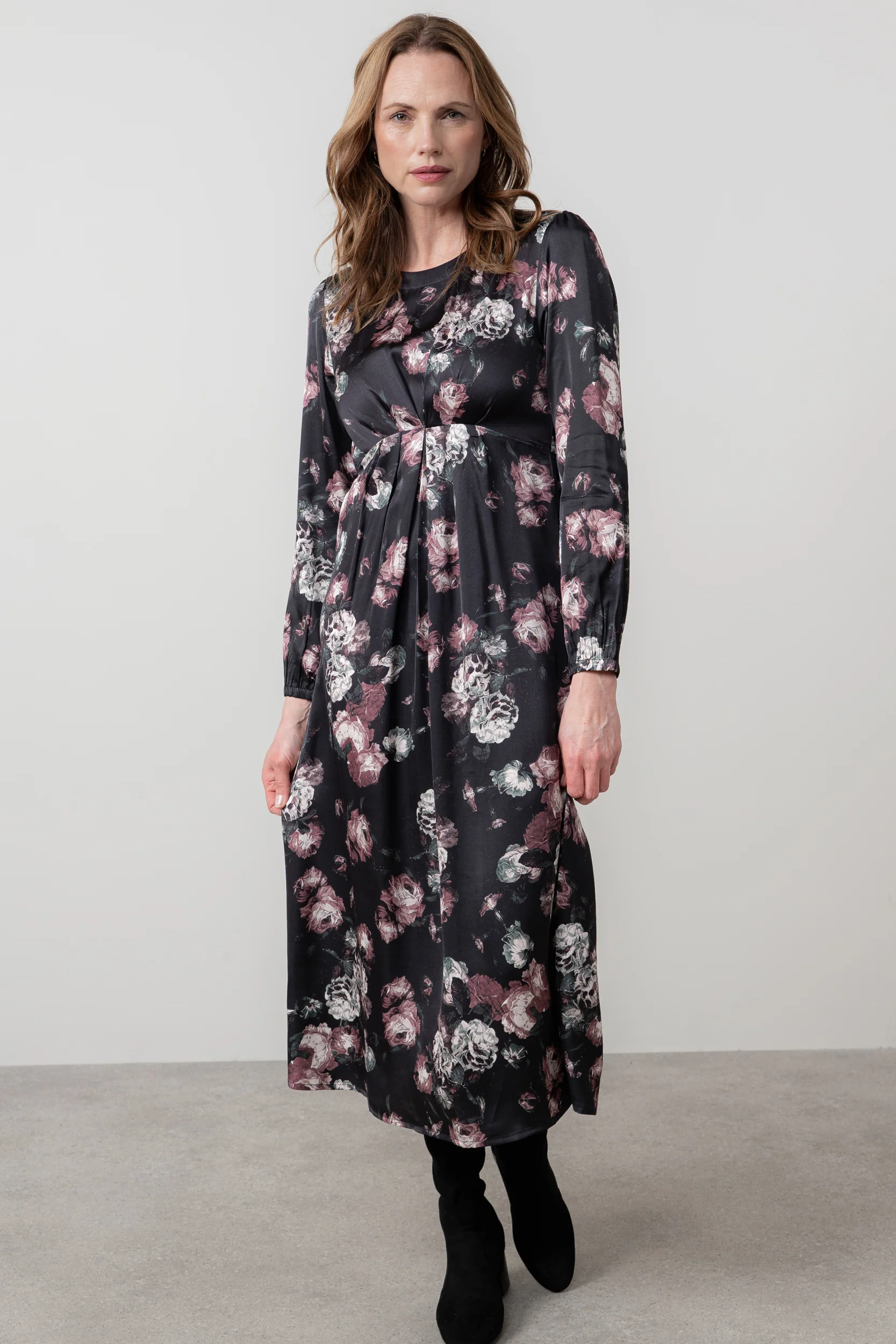 Celia Floral Print Satin Midi Dress Black - Image 7