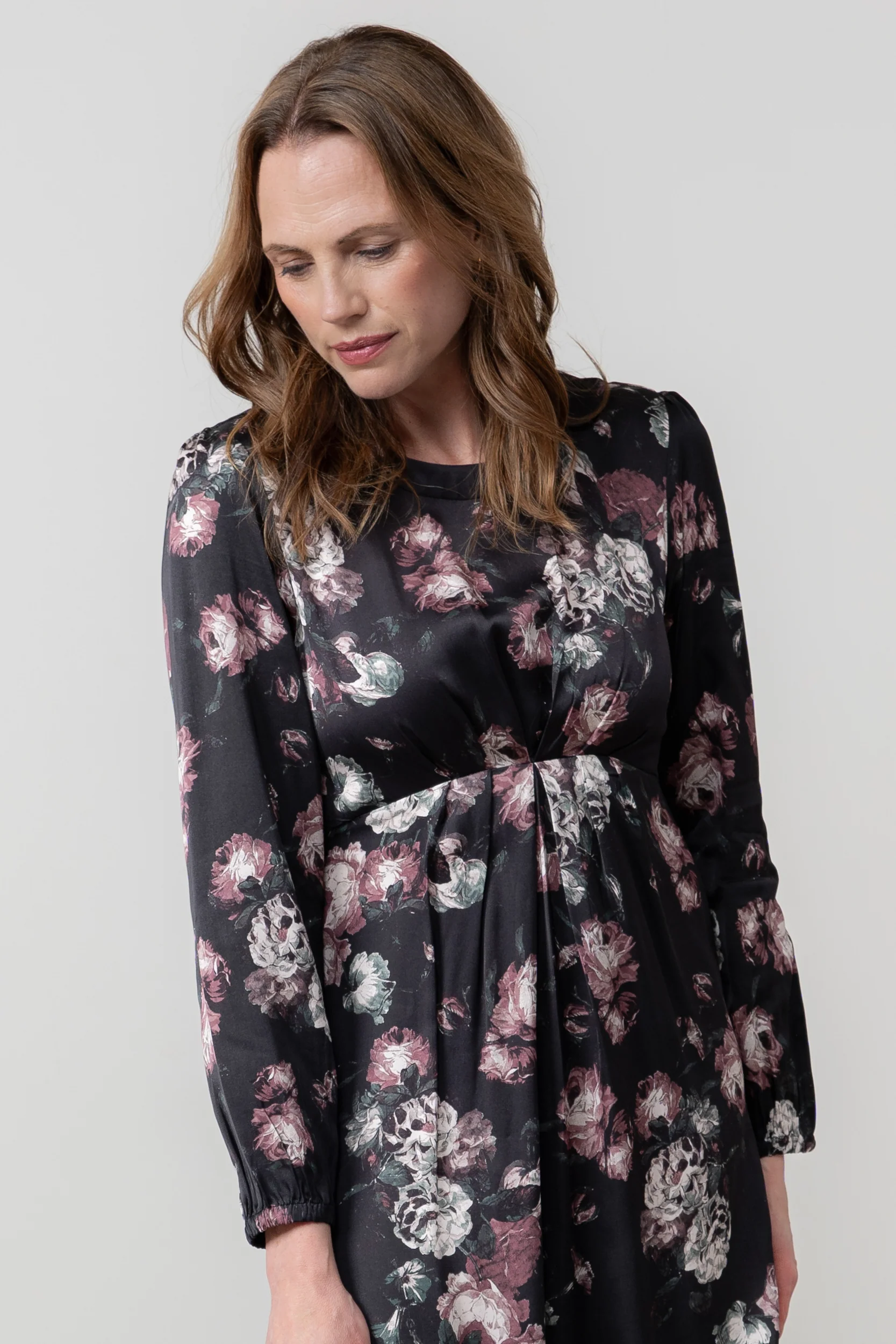 Celia Floral Print Satin Midi Dress Black - Image 8