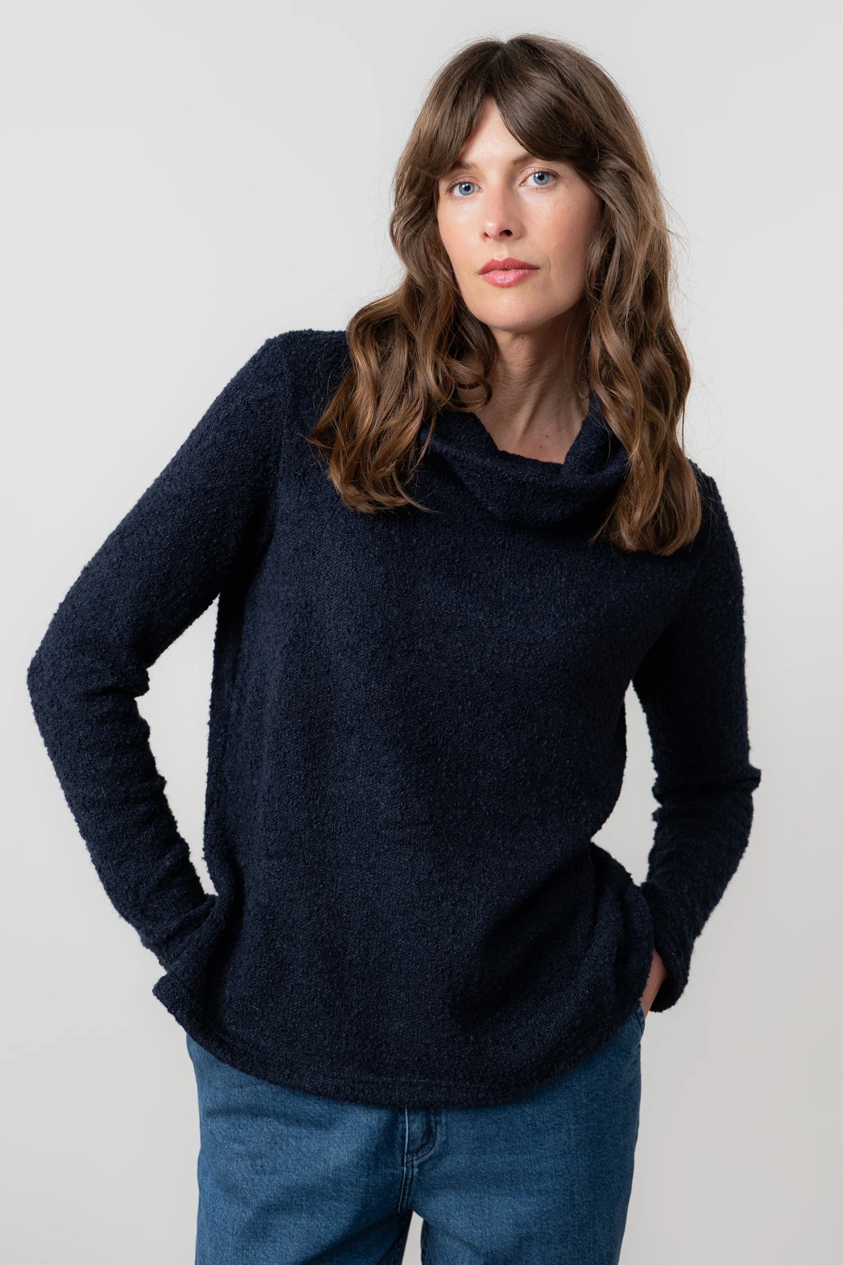 Cosy Day Boucle Knit Cowl Neck Jumper Navy - Image 2