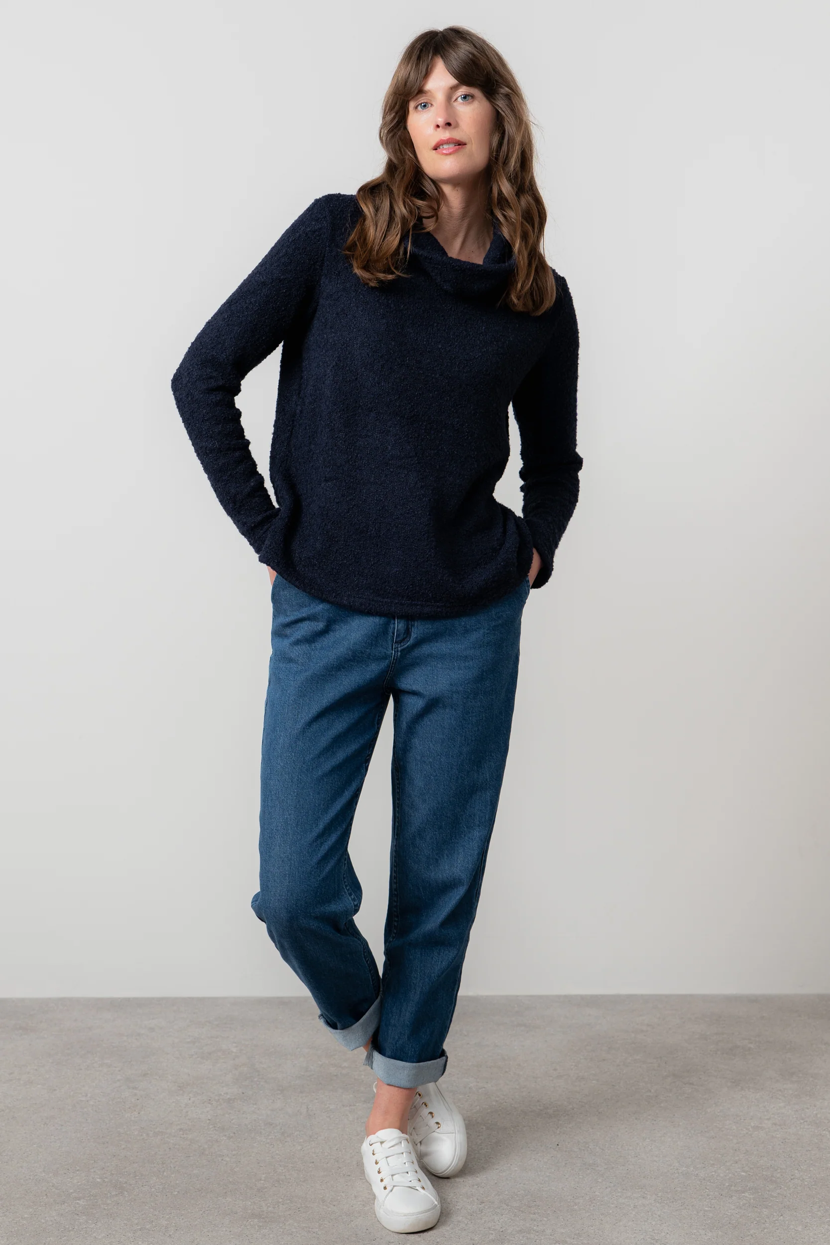 Cosy Day Boucle Knit Cowl Neck Jumper Navy - Image 3