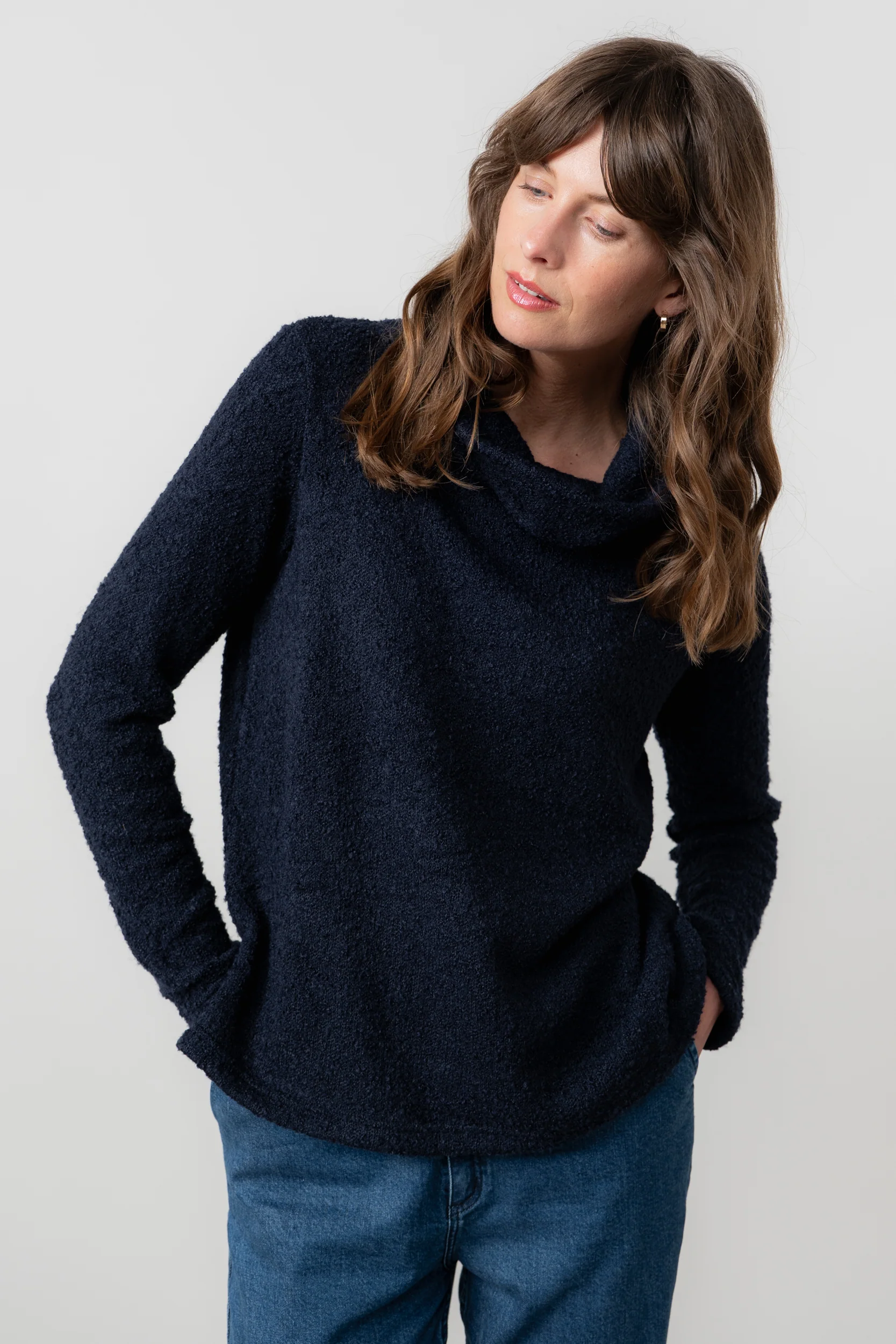 Cosy Day Boucle Knit Cowl Neck Jumper Navy - Image 5