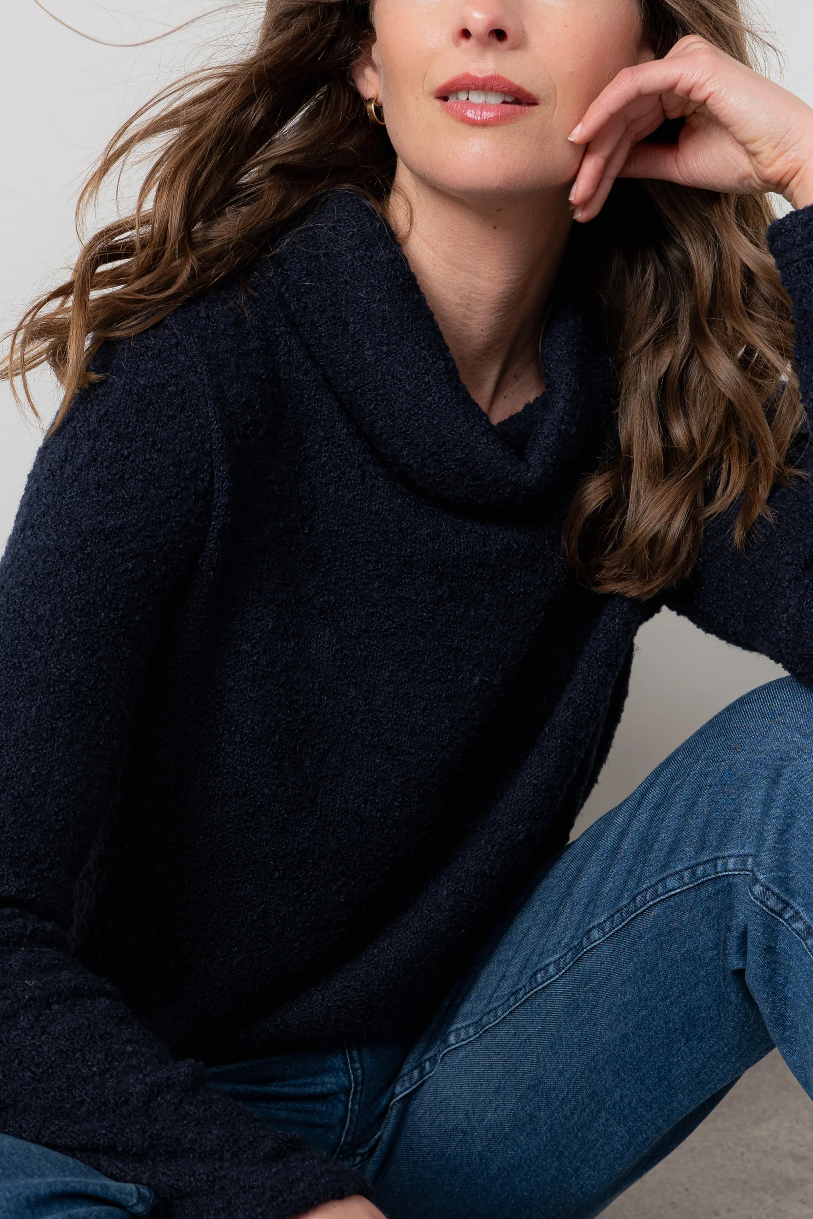 Cosy Day Boucle Knit Cowl Neck Jumper Navy - Image 6