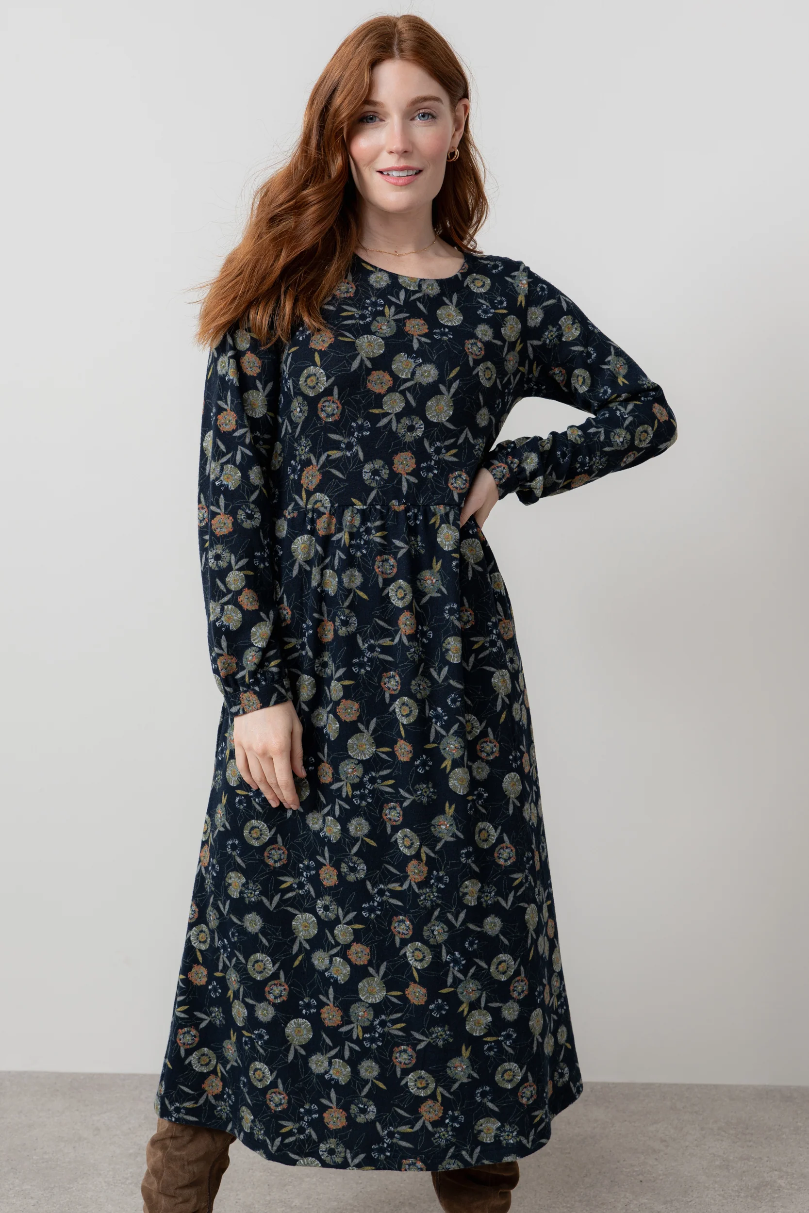 Damson Printed Knit Midi Dress Navy - Image 3