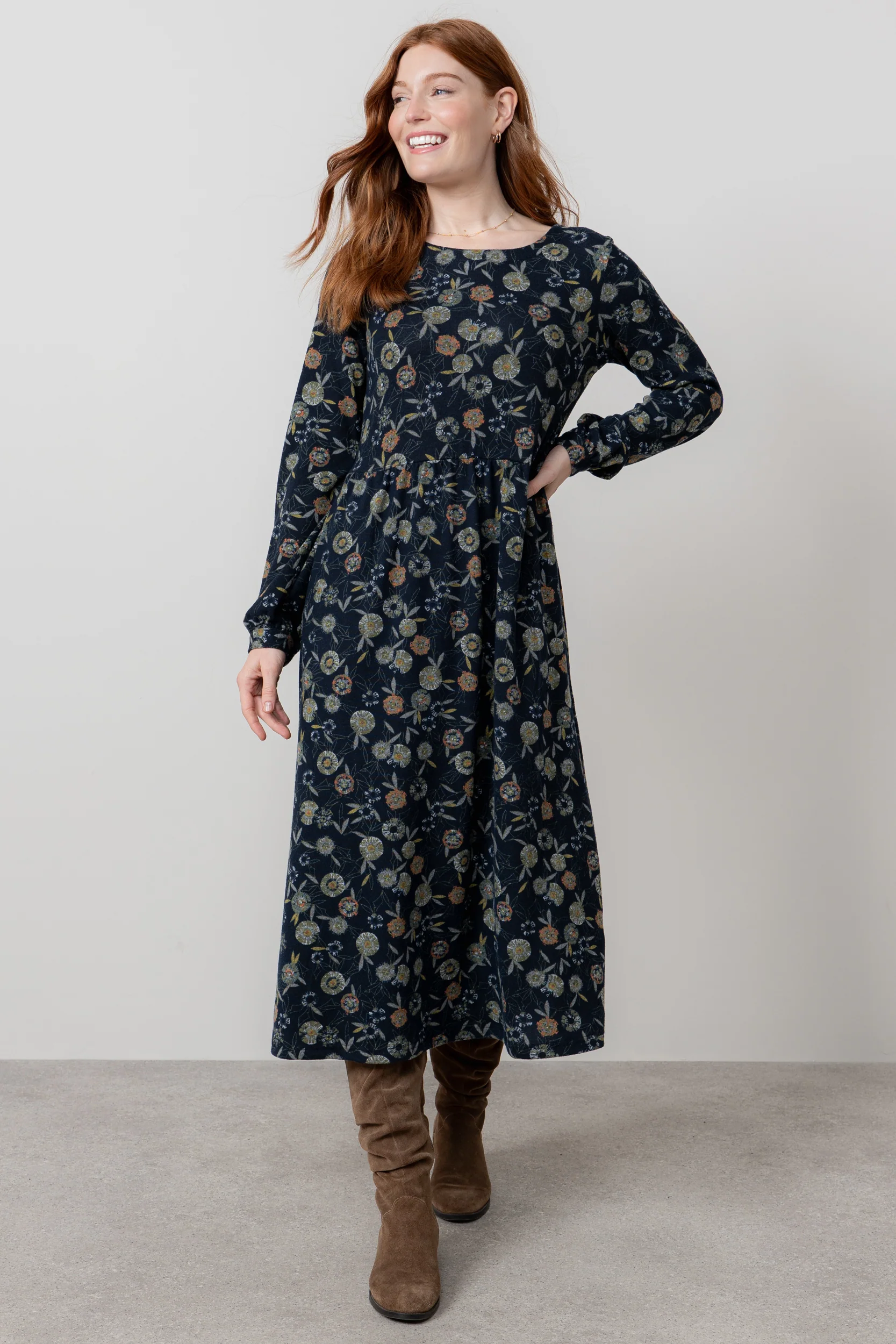 Damson Printed Knit Midi Dress Navy - Image 6
