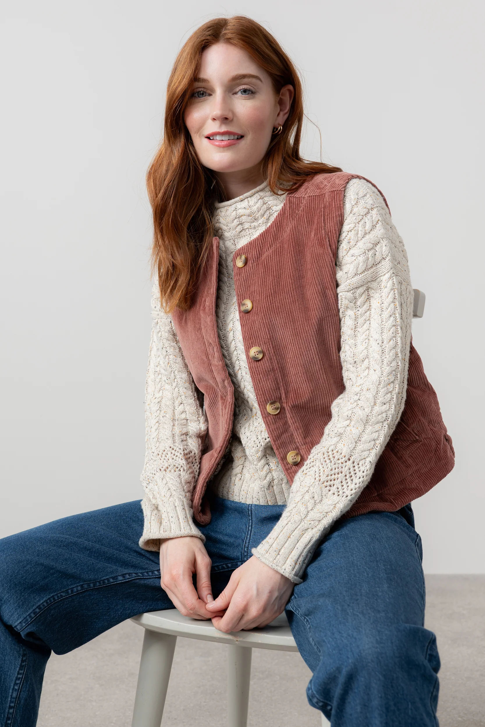 Dusk Stretch Cotton Jumbo Cord Gilet Antique Rose - Image 2
