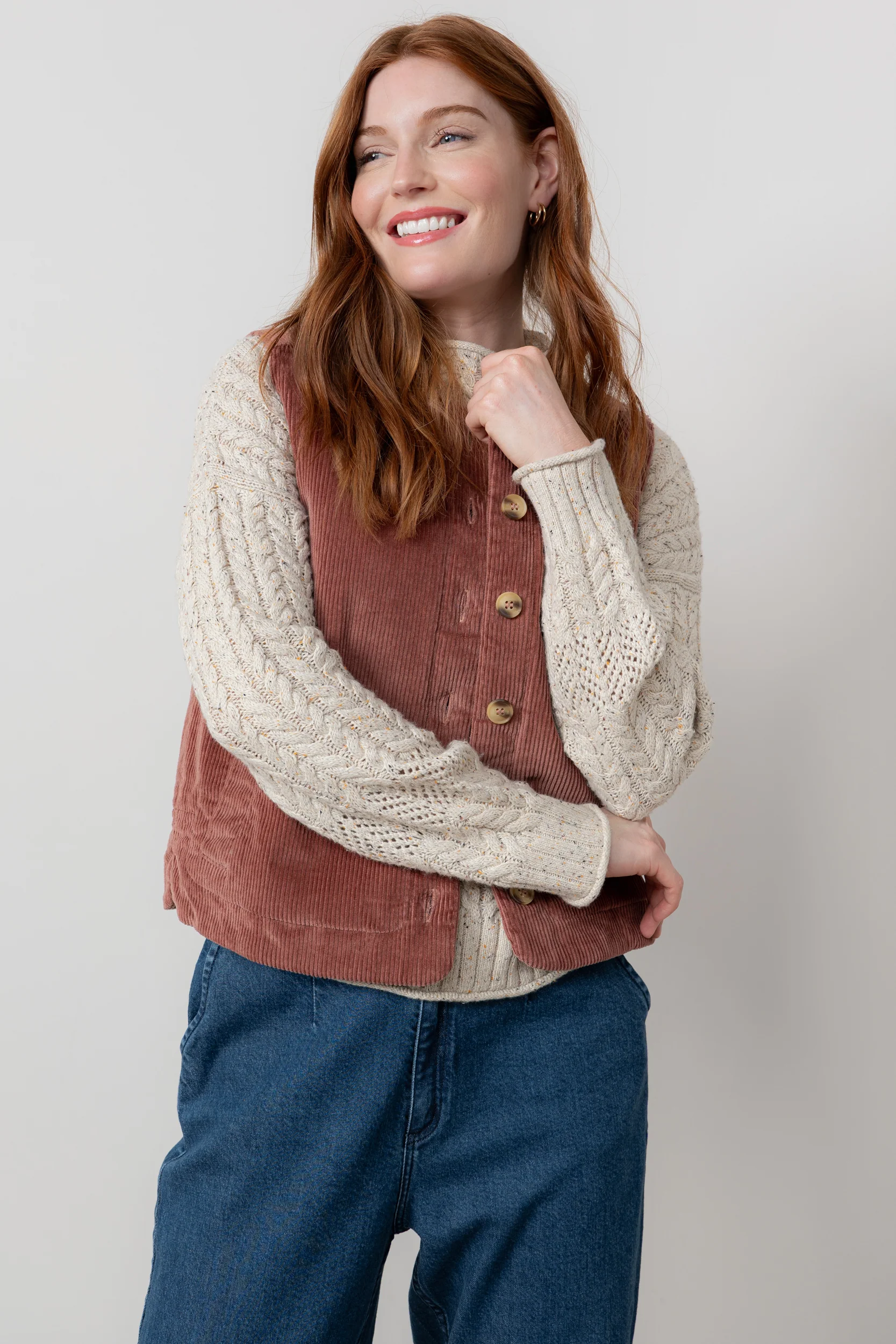 Dusk Stretch Cotton Jumbo Cord Gilet Antique Rose - Image 3