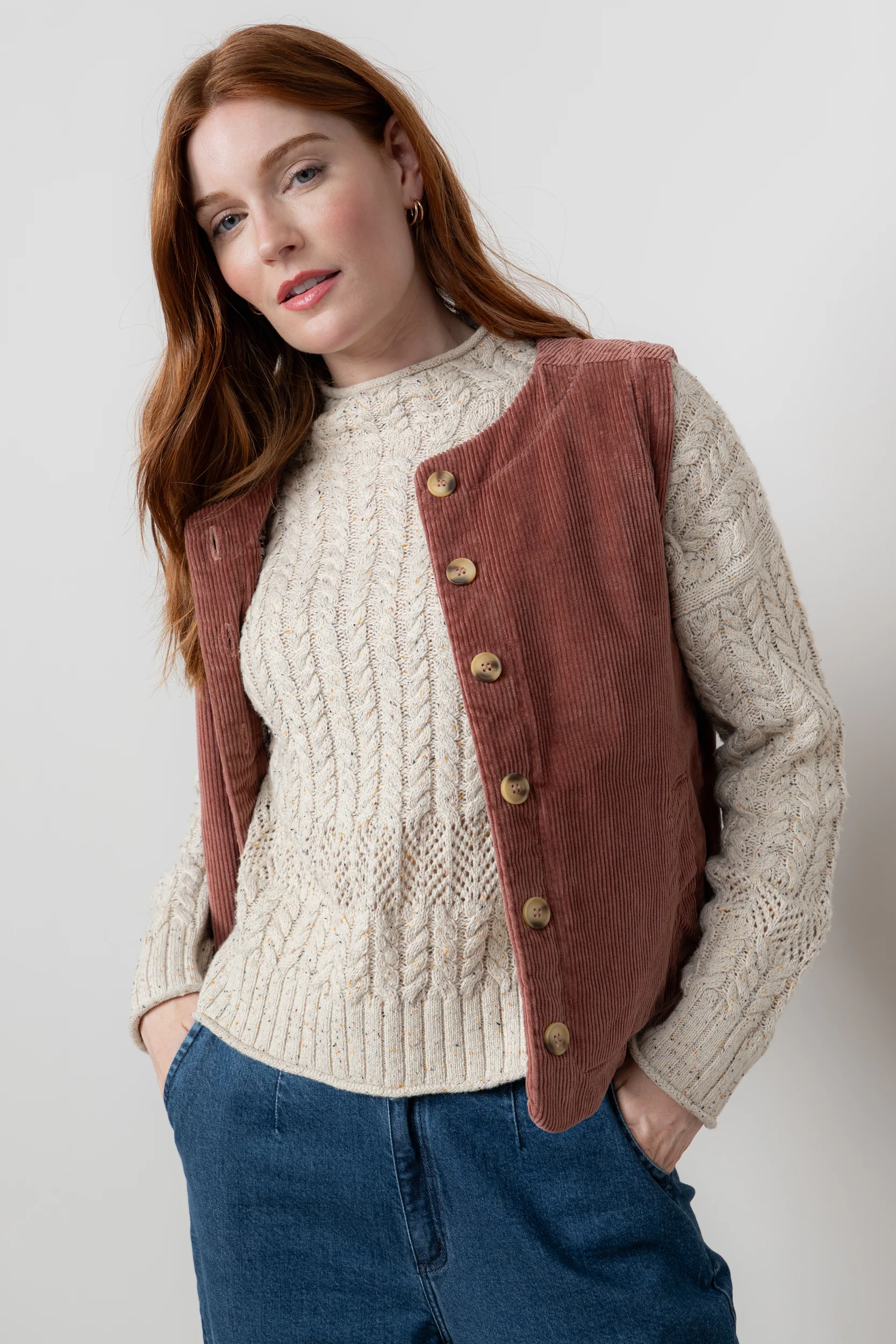 Dusk Stretch Cotton Jumbo Cord Gilet Antique Rose - Image 6
