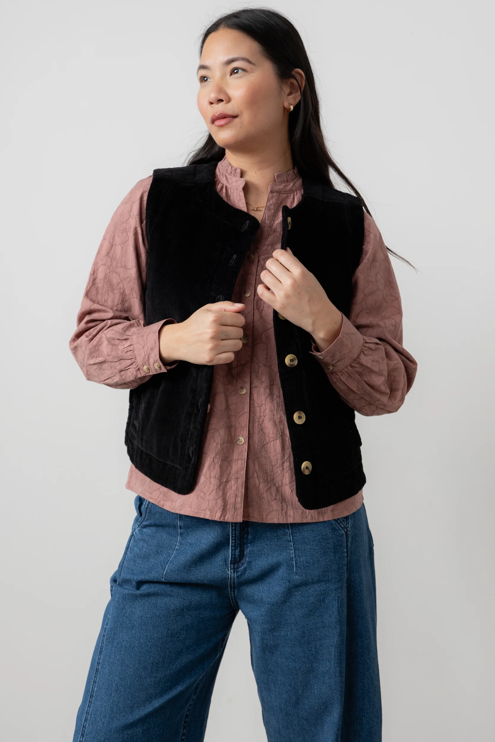 Dusk Stretch Cotton Jumbo Cord Gilet Black - Image 6