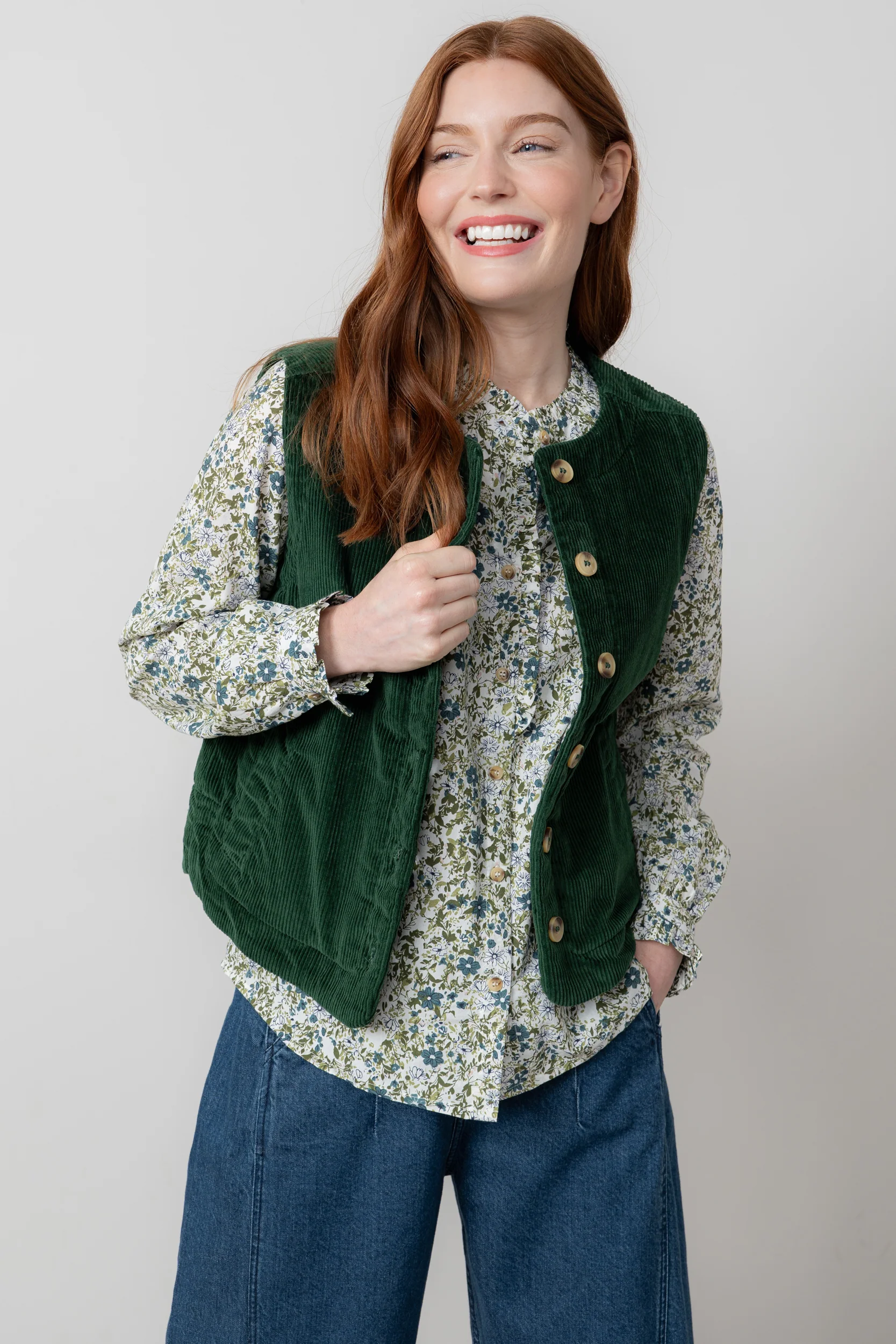 Dusk Stretch Cotton Jumbo Cord Gilet Pine Green - Image 2