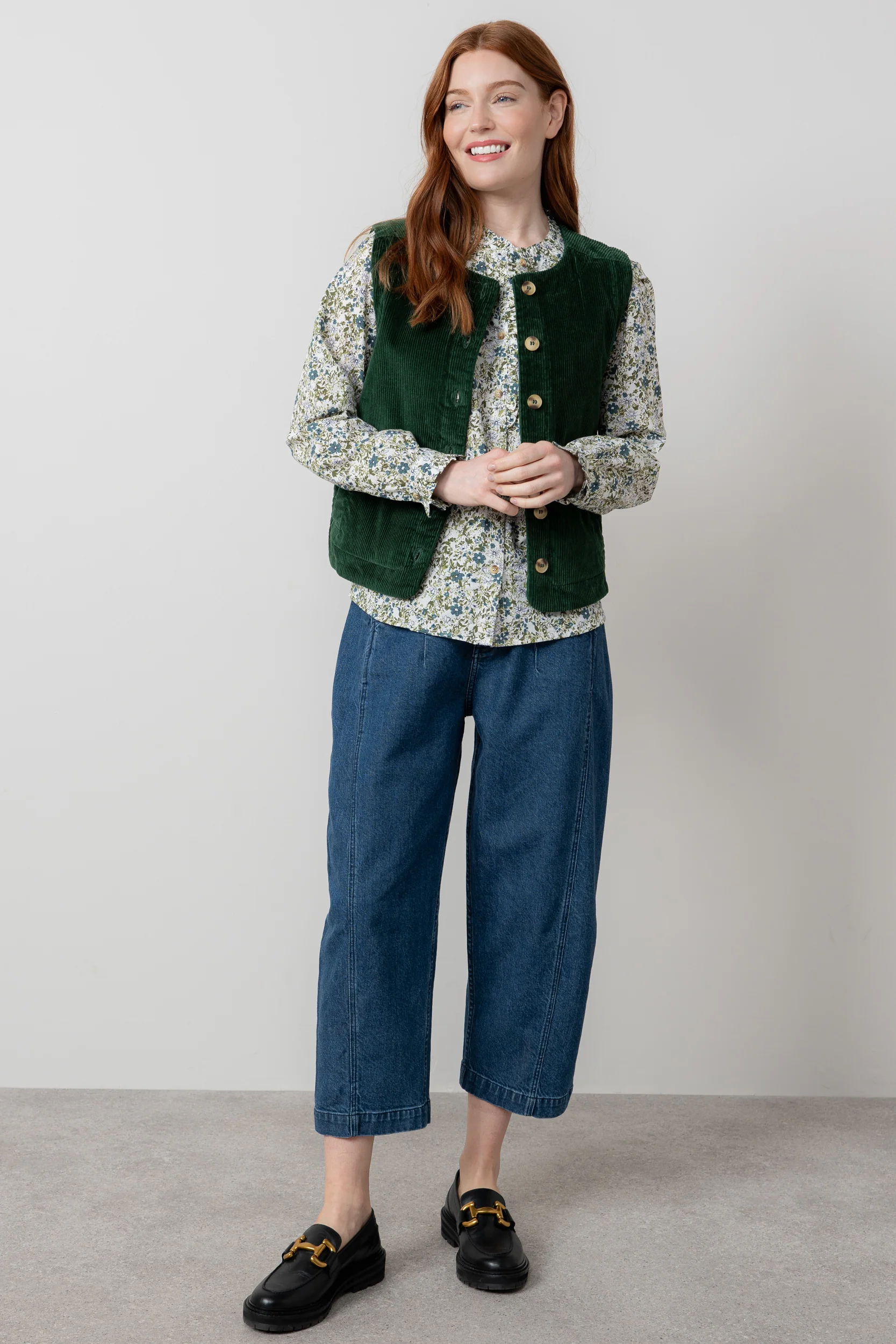 Dusk Stretch Cotton Jumbo Cord Gilet Pine Green - Image 3