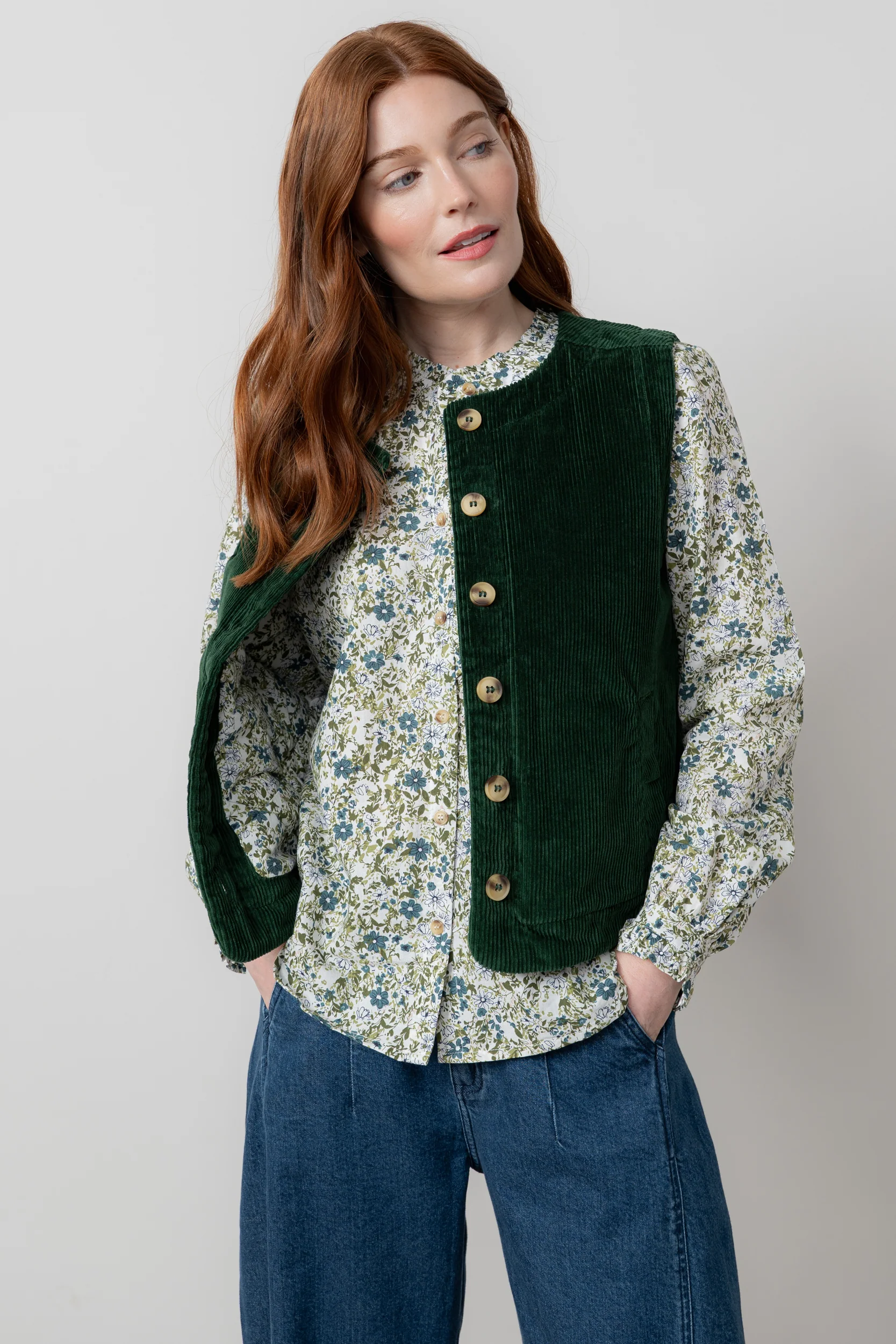 Dusk Stretch Cotton Jumbo Cord Gilet Pine Green - Image 6