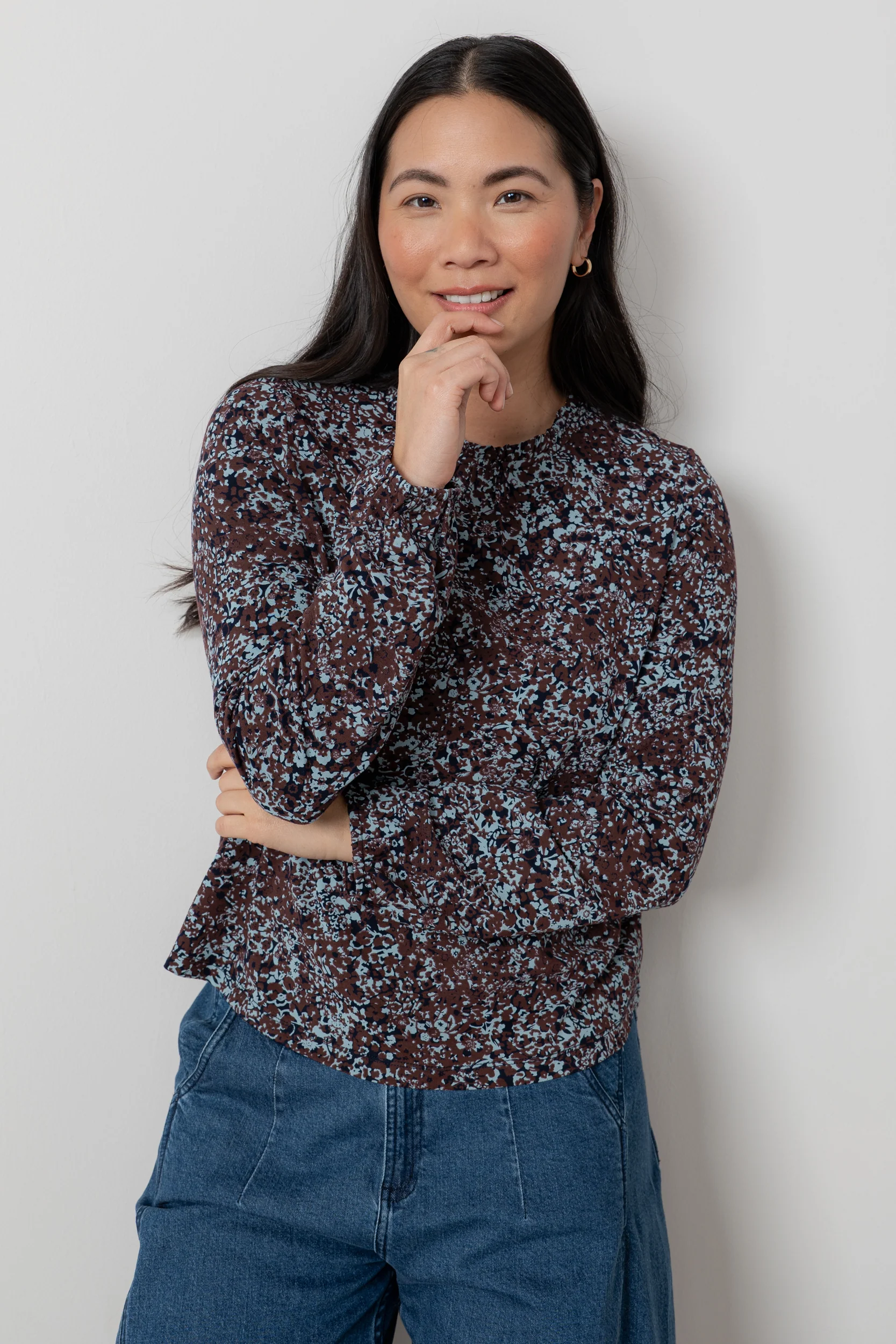 Eastcombe High Neck Floral Print Top Chocolate - Image 5