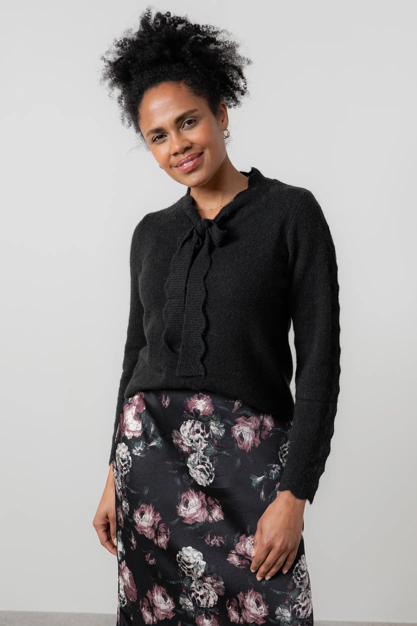 Elise Tie Neck Pointelle Jumper Black - Image 2