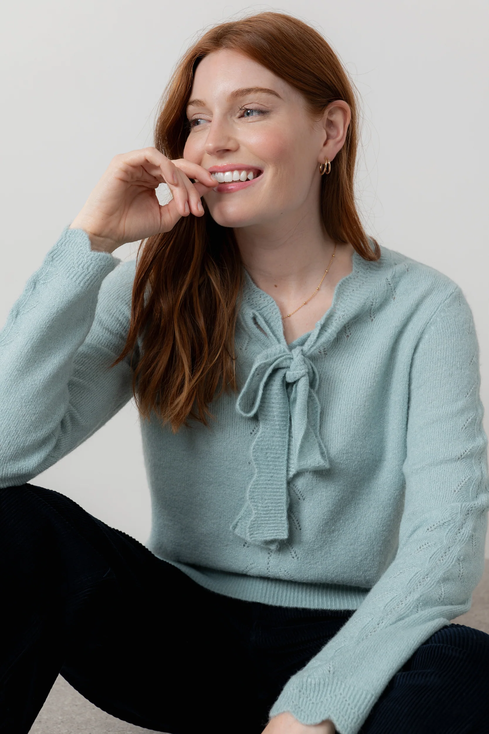 Elise Tie Neck Pointelle Jumper Ice Blue - Image 2