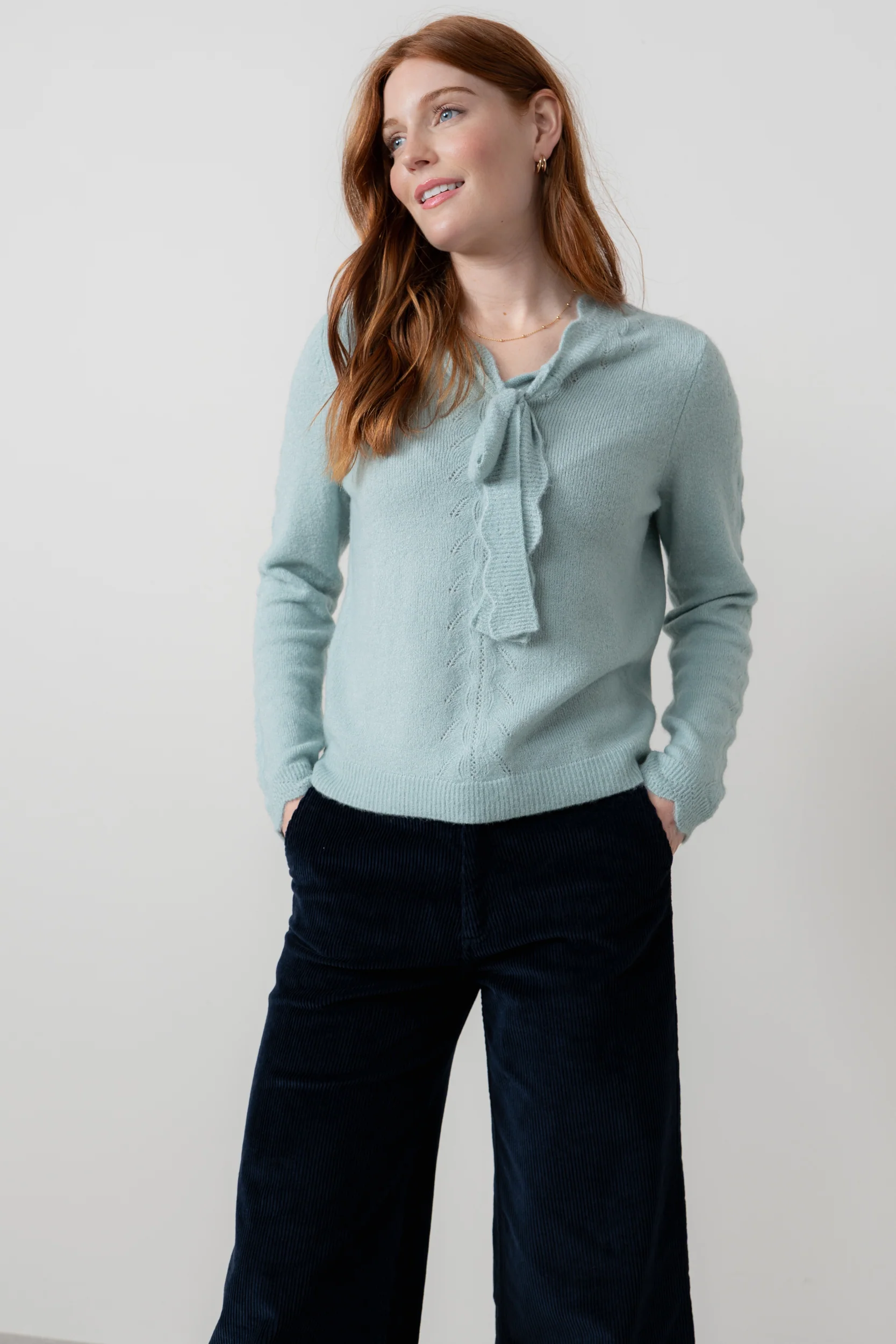 Elise Tie Neck Pointelle Jumper Ice Blue - Image 3