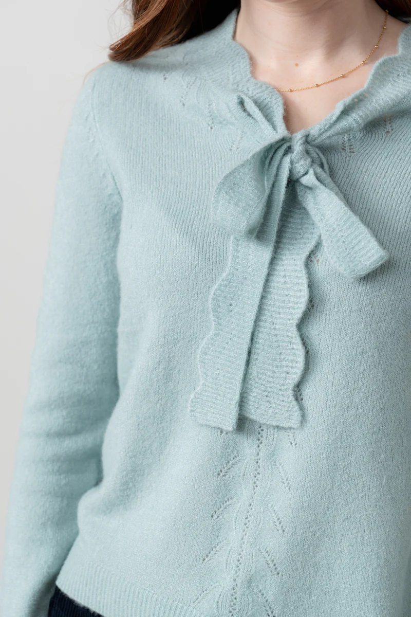 Elise Tie Neck Pointelle Jumper Ice Blue - Image 5
