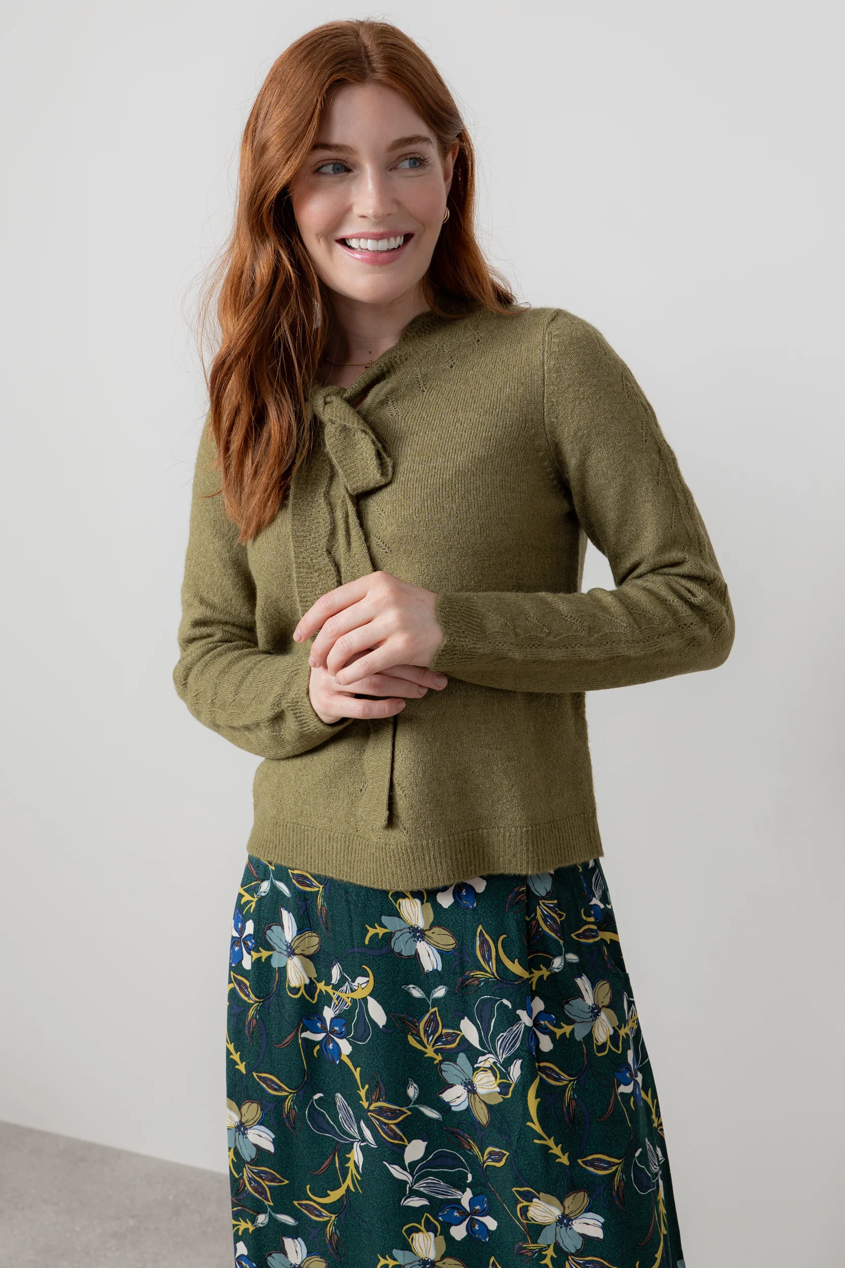 Elise Tie Neck Pointelle Jumper Moss