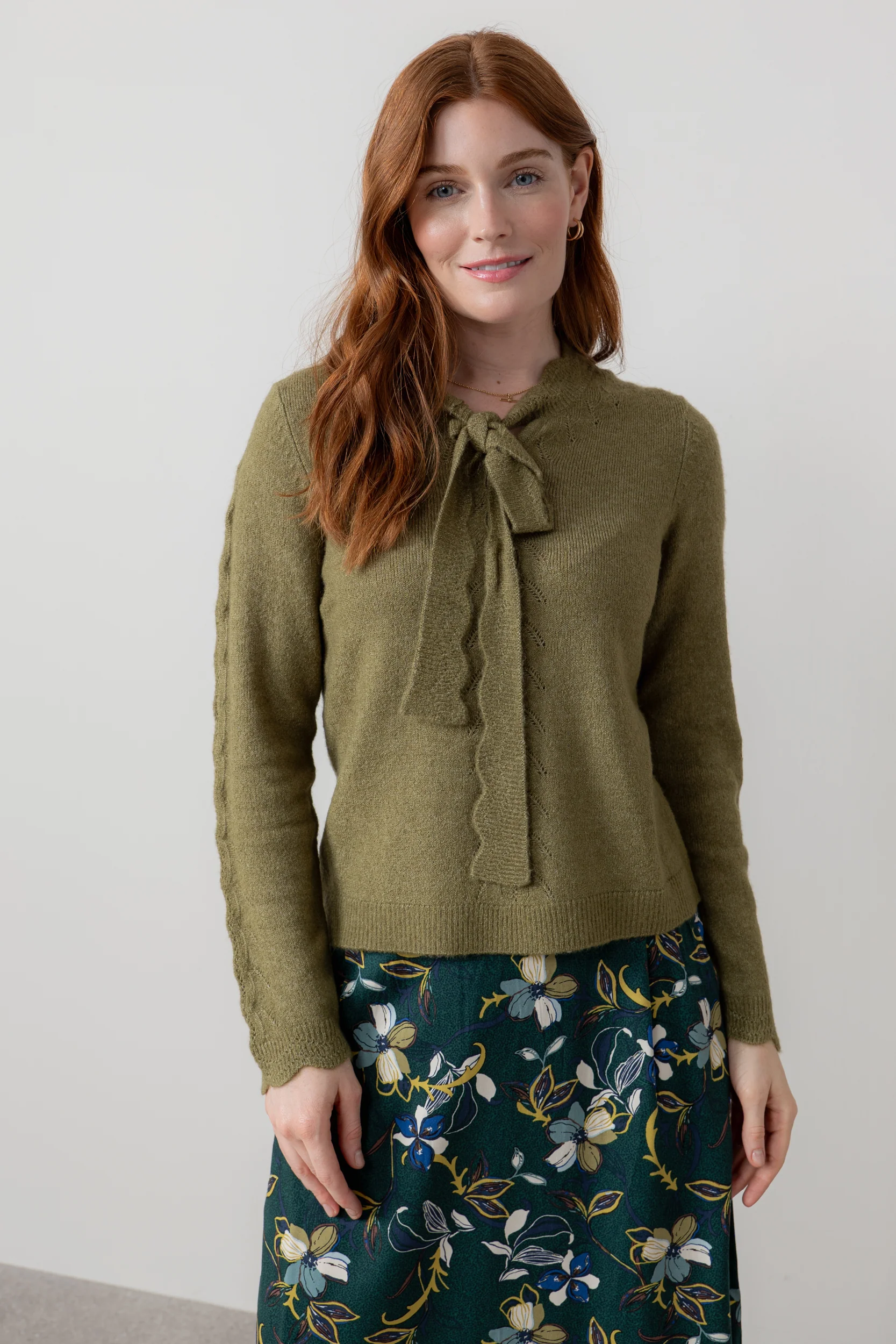 Elise Tie Neck Pointelle Jumper Moss - Image 3