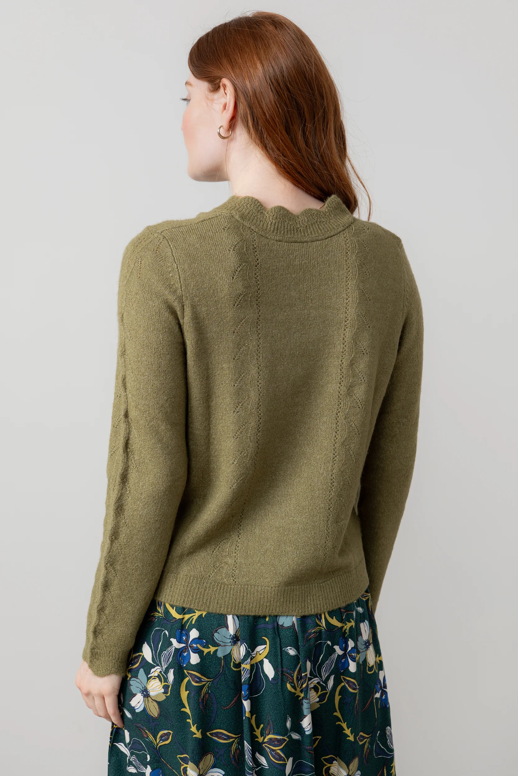 Elise Tie Neck Pointelle Jumper Moss - Image 4