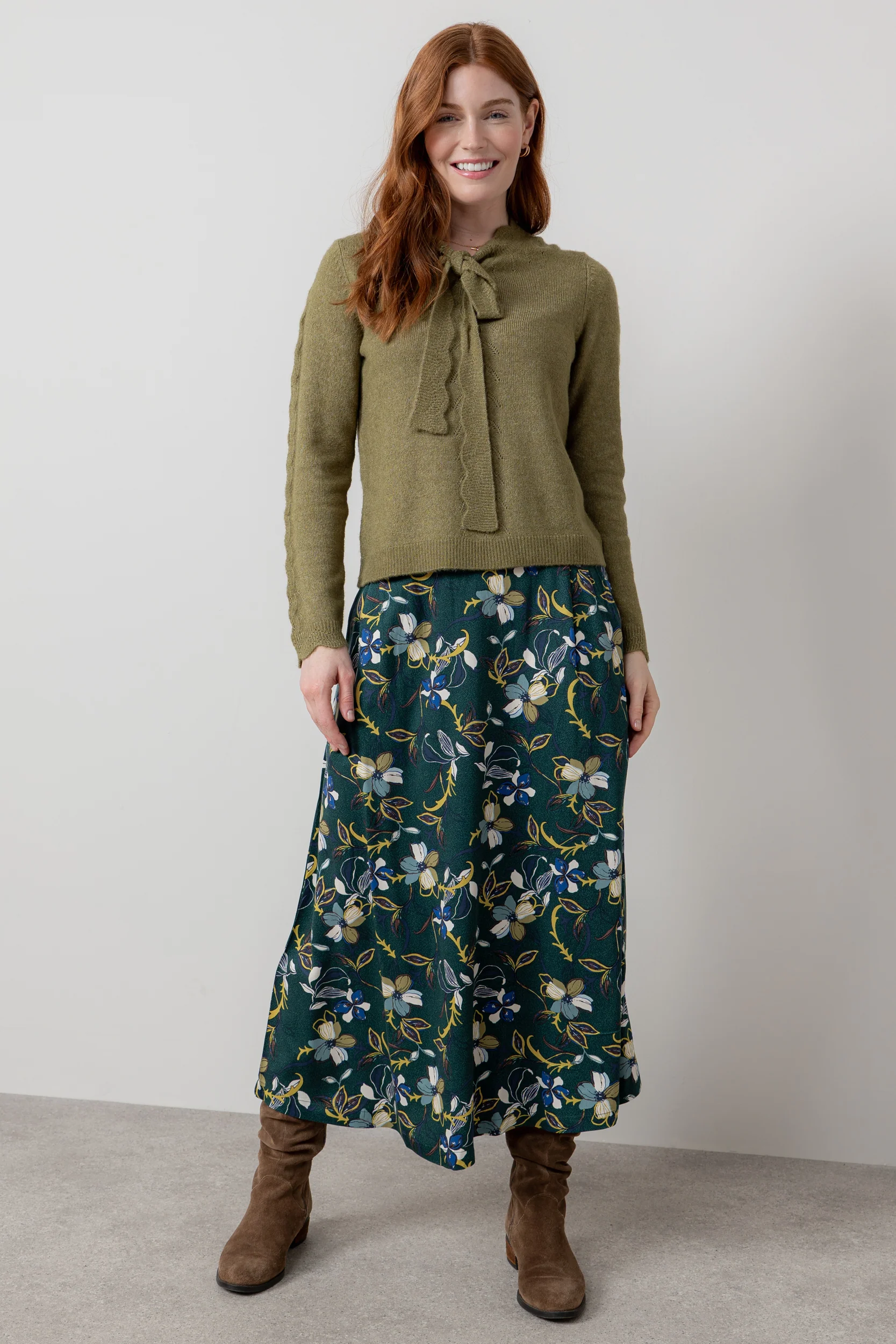 Elise Tie Neck Pointelle Jumper Moss - Image 5