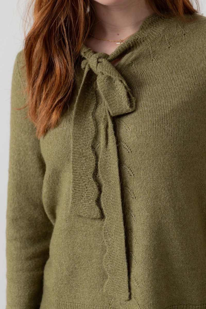 Elise Tie Neck Pointelle Jumper Moss - Image 6